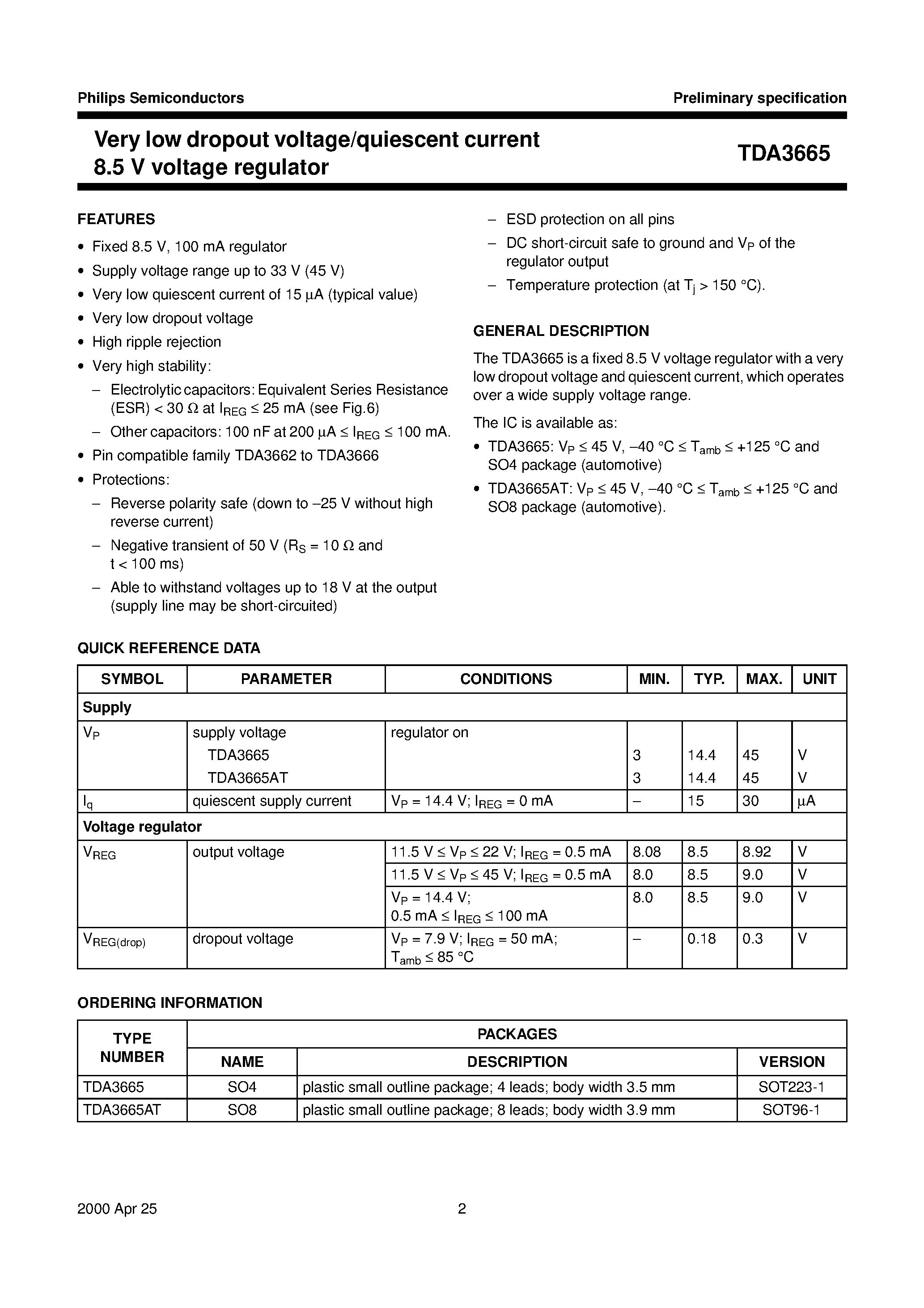 Даташит TDA3665AT - Very low dropout voltage/quiescent current 8.5 V voltage regulator страница 2