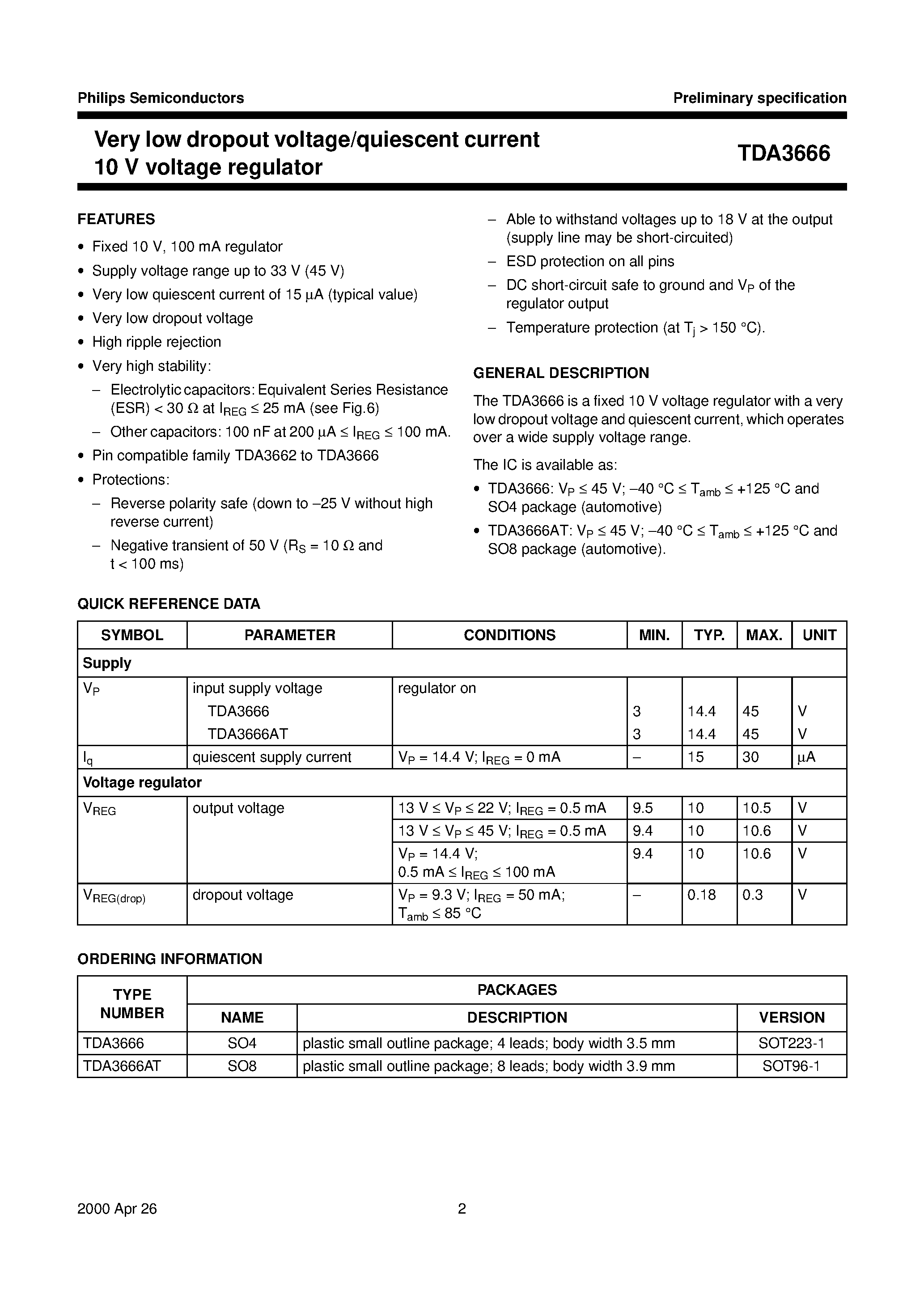 Даташит TDA3666 - Very low dropout voltage/quiescent current 10 V voltage regulator страница 2