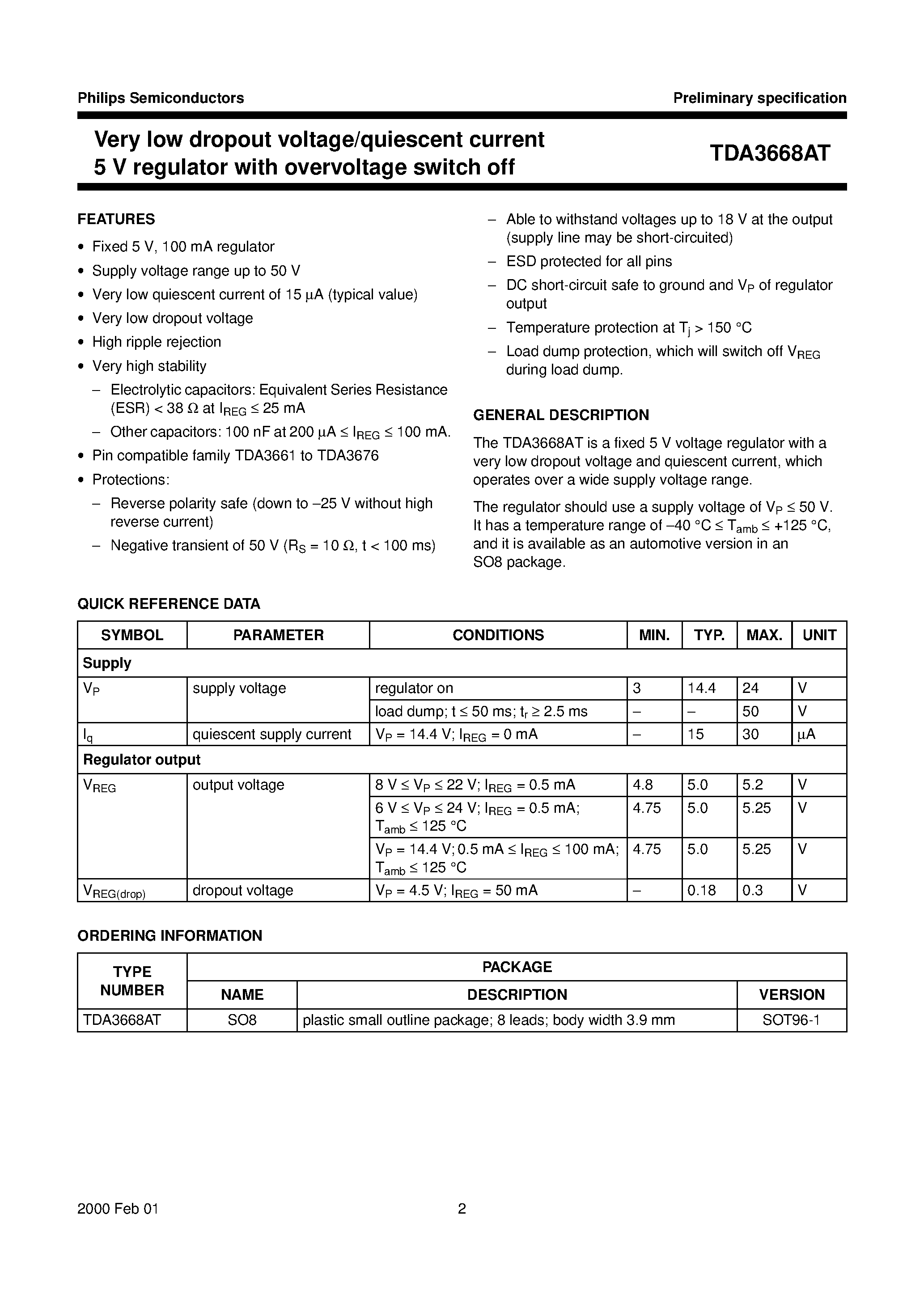 Даташит TDA3668 - Very low dropout voltage/quiescent current 5 V regulator with overvoltage switch off страница 2