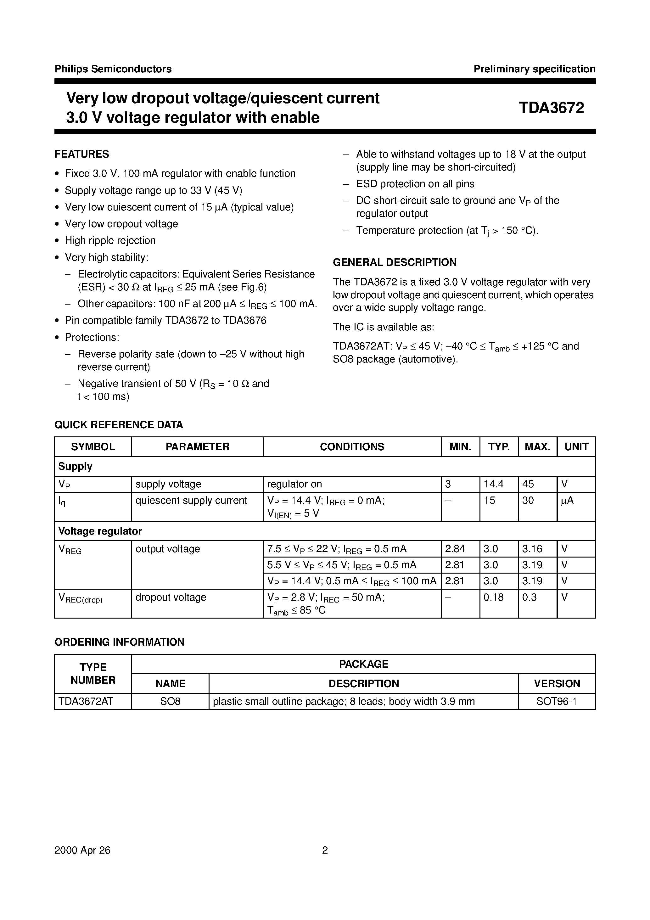 Даташит TDA3672 - Very low dropout voltage/quiescent current 3.0 V voltage regulator with enable страница 2