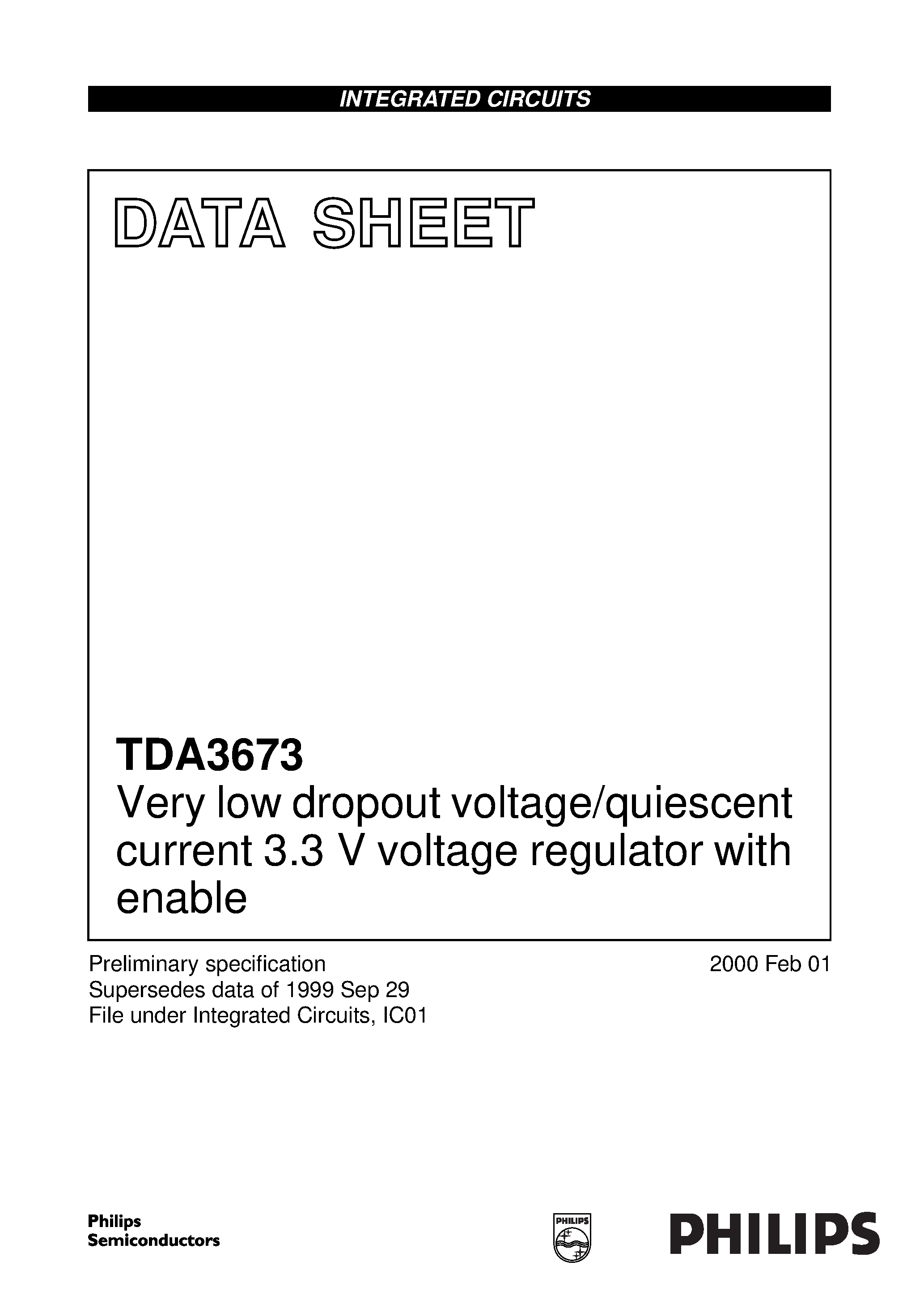Даташит TDA3673AT - Very low dropout voltage/quiescent current 3.3 V voltage regulator with enable страница 1