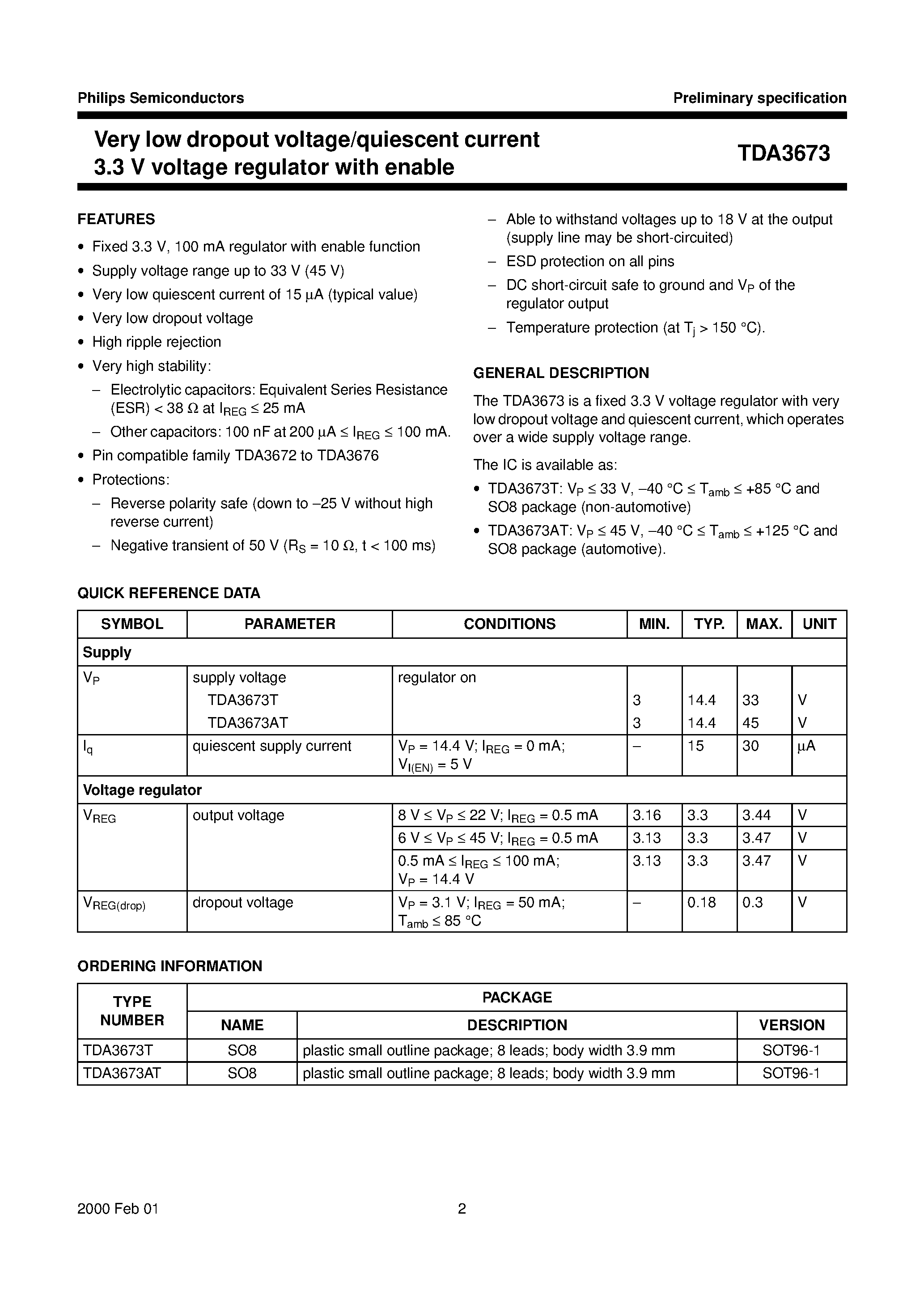 Даташит TDA3673AT - Very low dropout voltage/quiescent current 3.3 V voltage regulator with enable страница 2