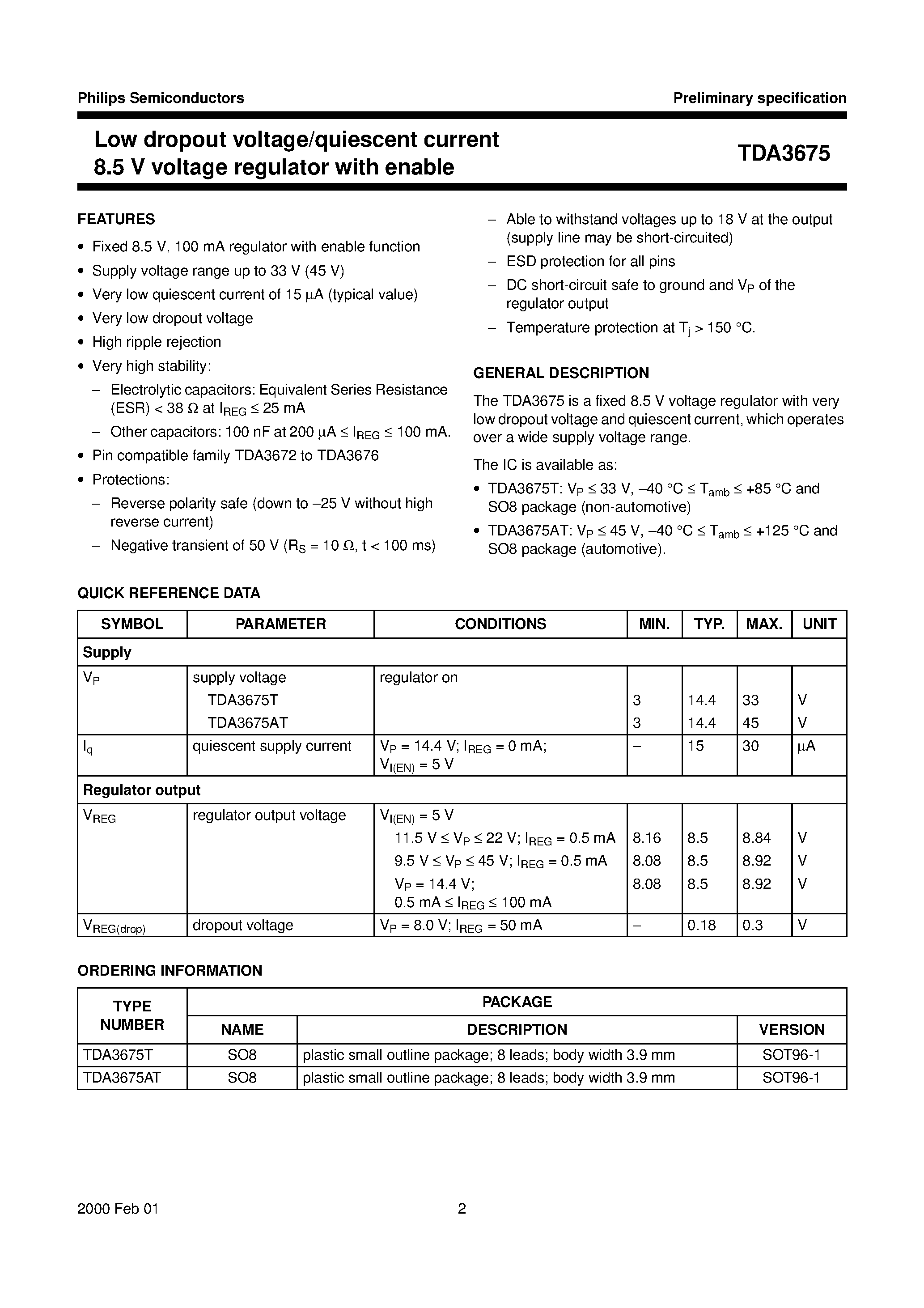 Даташит TDA3675T - Low dropout voltage/quiescent current 8.5 V voltage regulator with enable страница 2