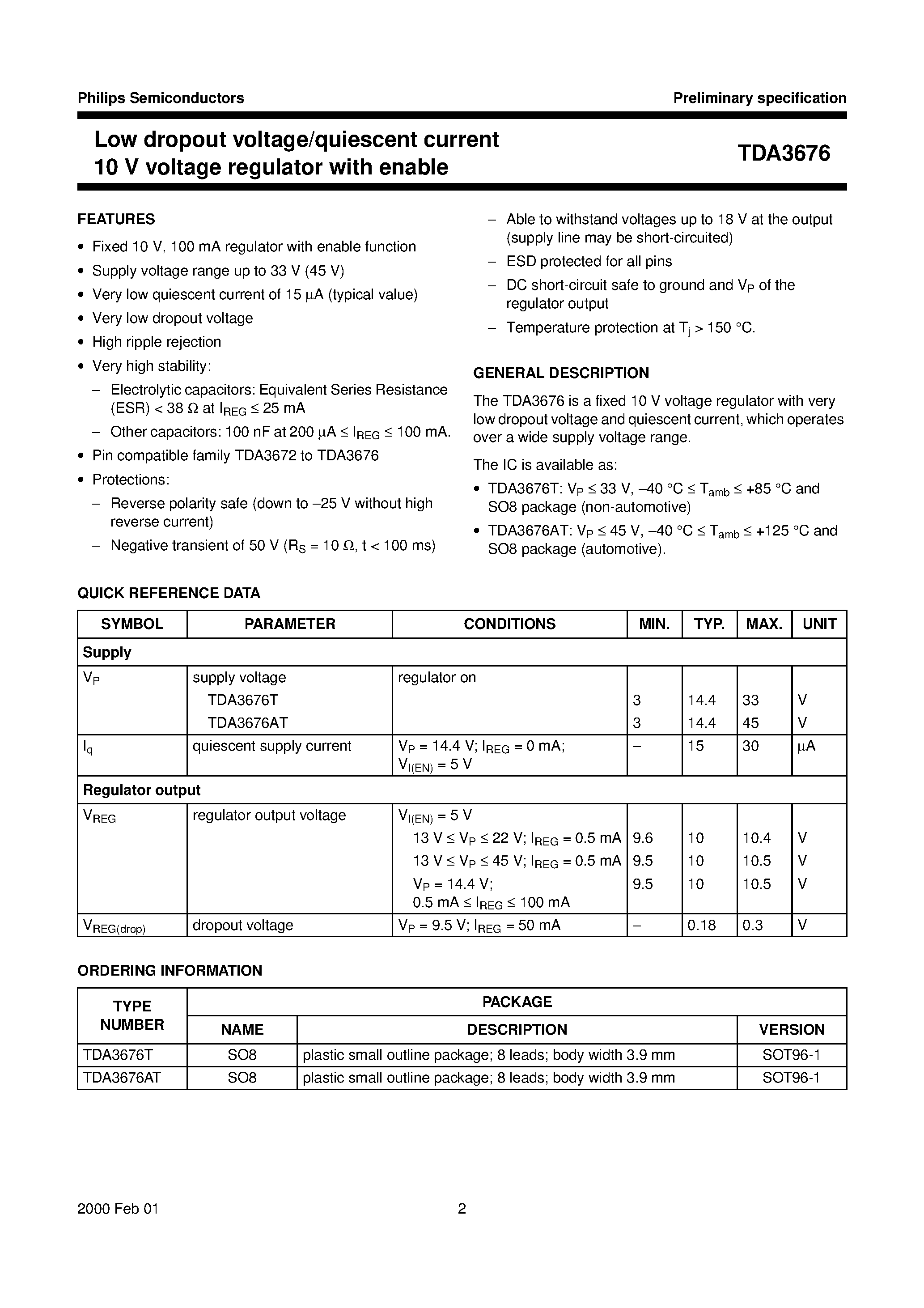 Даташит TDA3676T - Low dropout voltage/quiescent current 10 V voltage regulator with enable страница 2