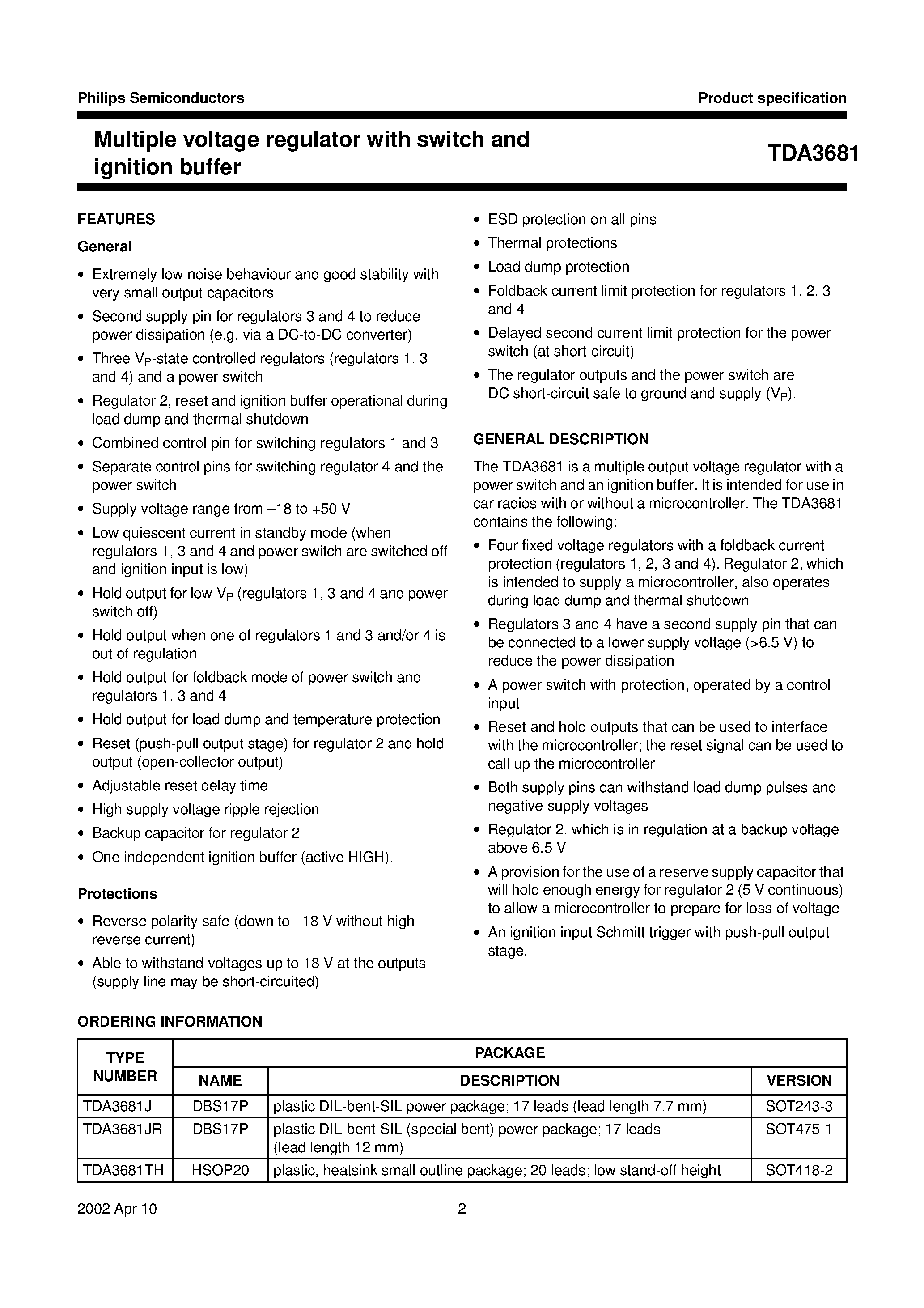 Datasheet TDA3681JR page 2 Datasheet TDA3681JR - Multiple voltage regulator with switch and ignition buffer page 2