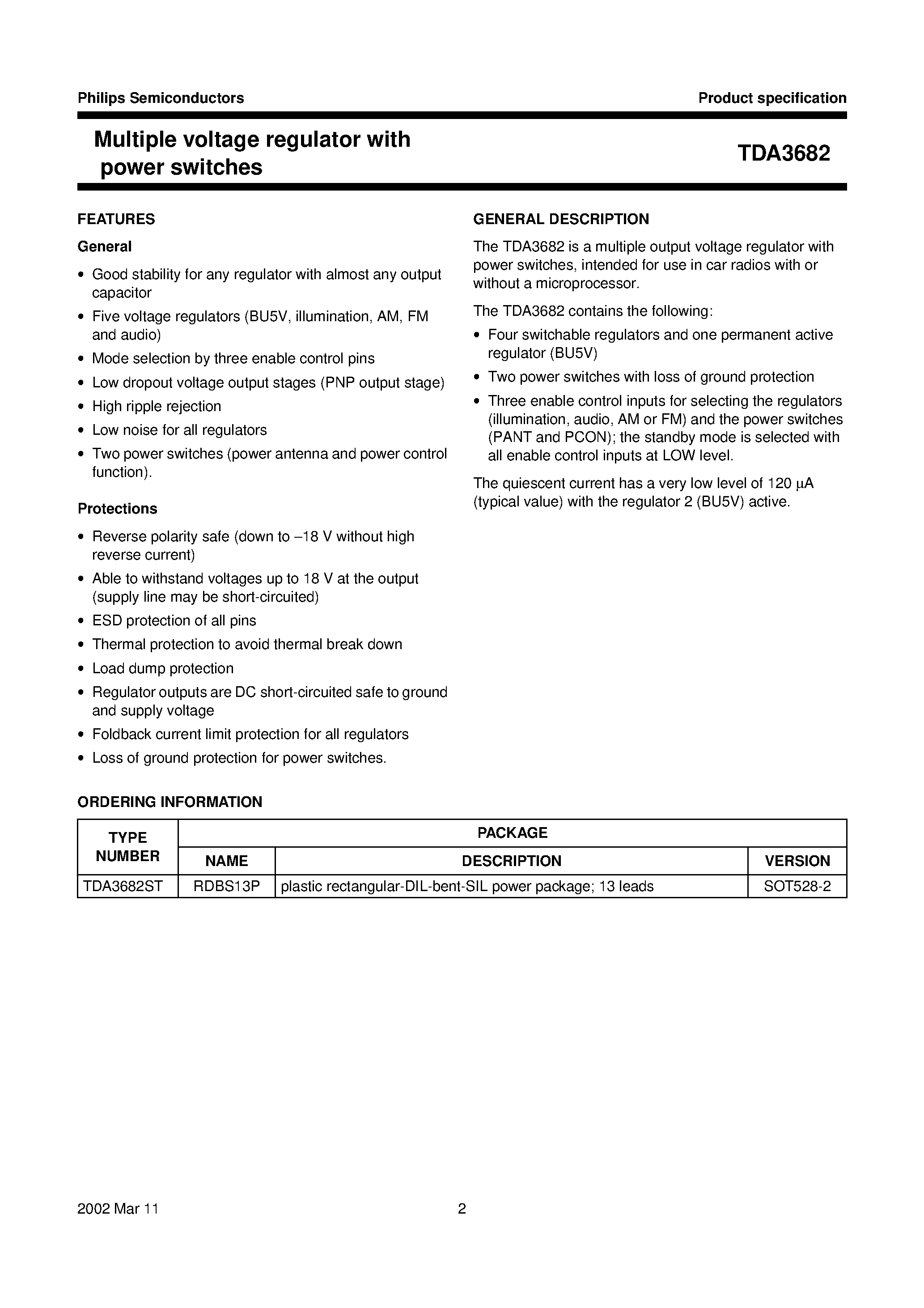 Datasheet TDA3682 page 2 Datasheet TDA3682 - Multiple voltage regulator with power switches page 2