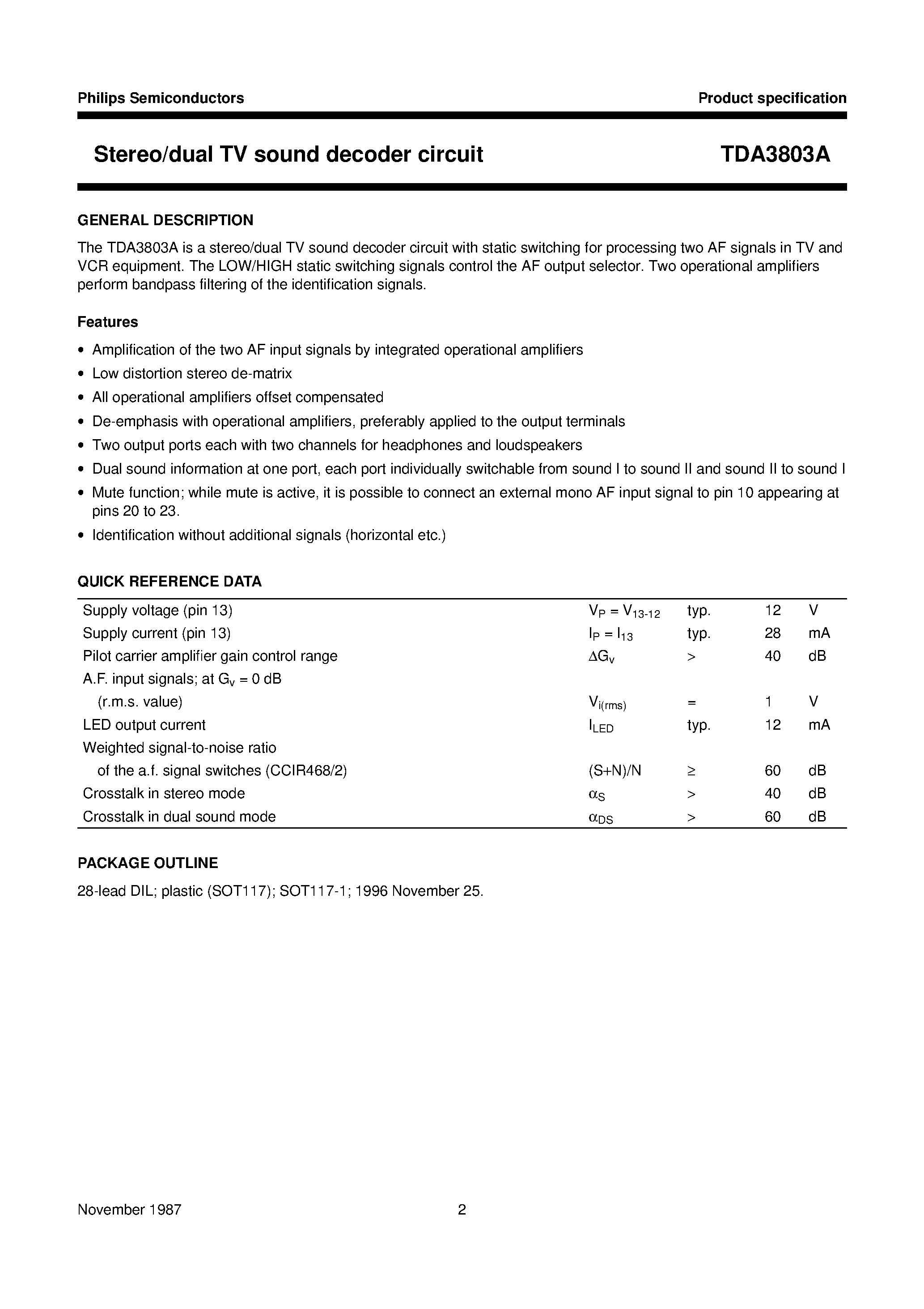 Datasheet TDA3803A page 2 Datasheet TDA3803A - Stereo/dual TV sound decoder circuit page 2