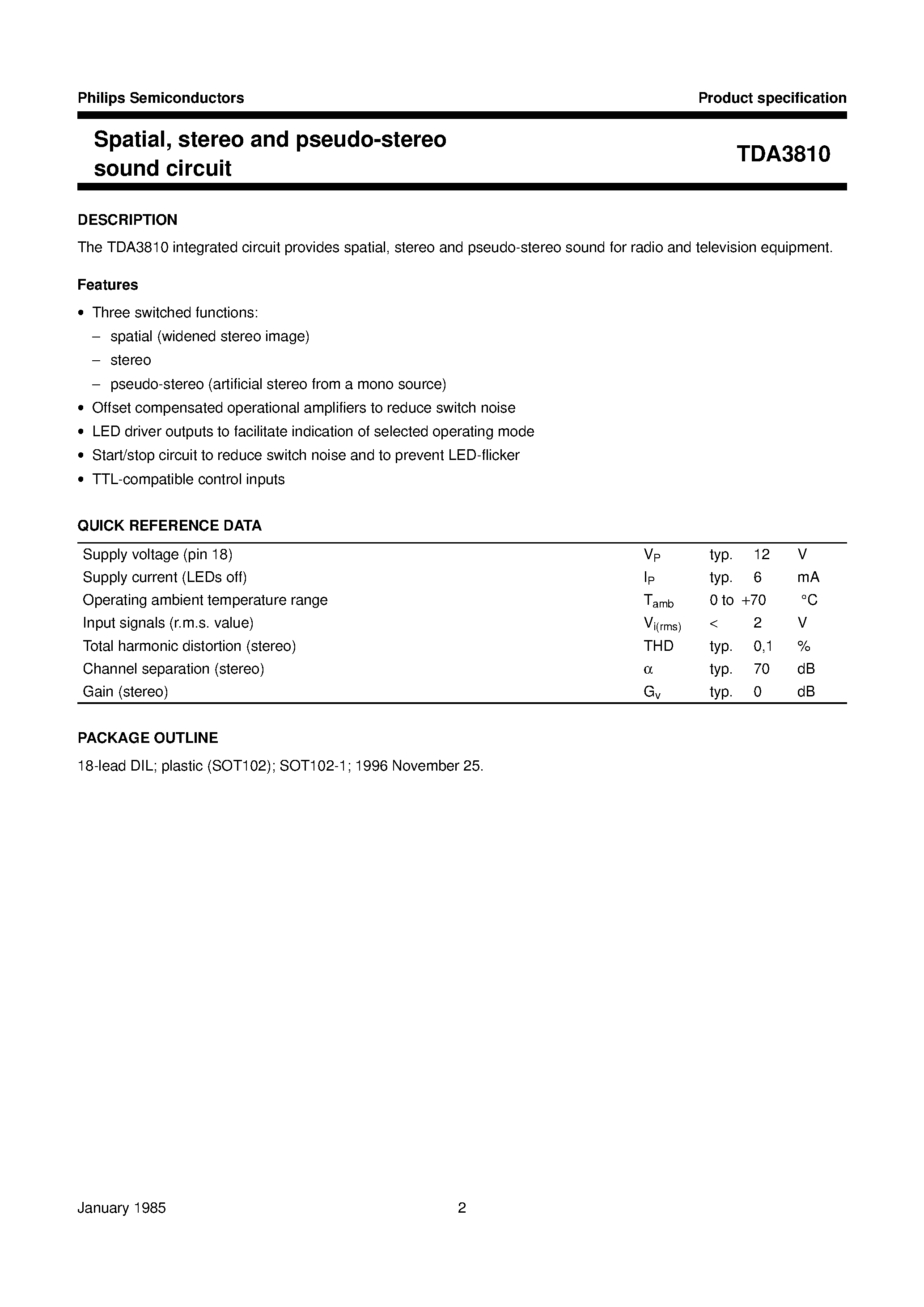 Datasheet TDA3810 page 2 Datasheet TDA3810 - Spatial/ stereo and pseudo-stereo sound circuit page 2