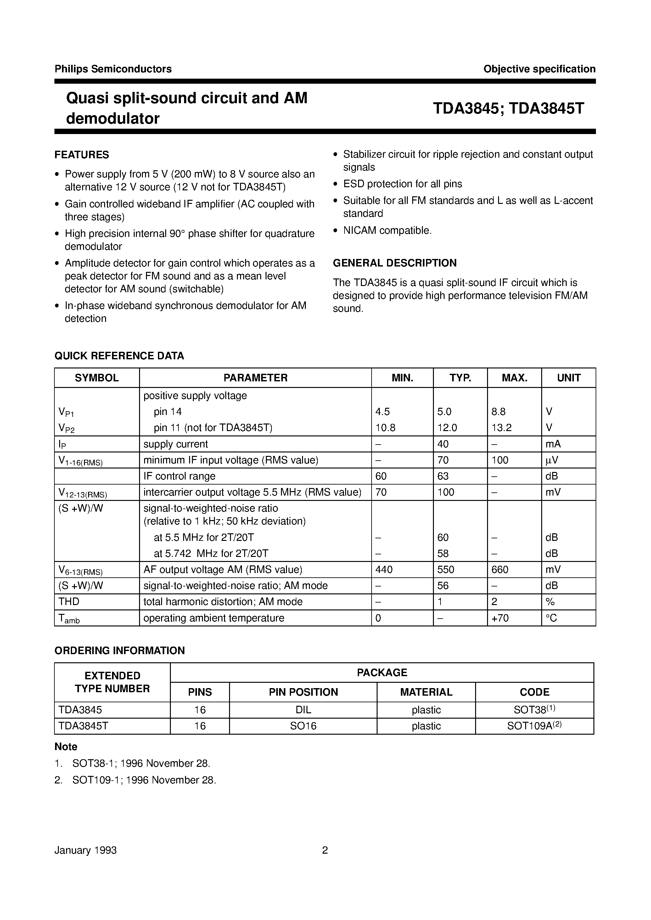 Datasheet TDA3825 page 2 Datasheet TDA3825 - Quasi split-sound circuit and AM demodulator page 2