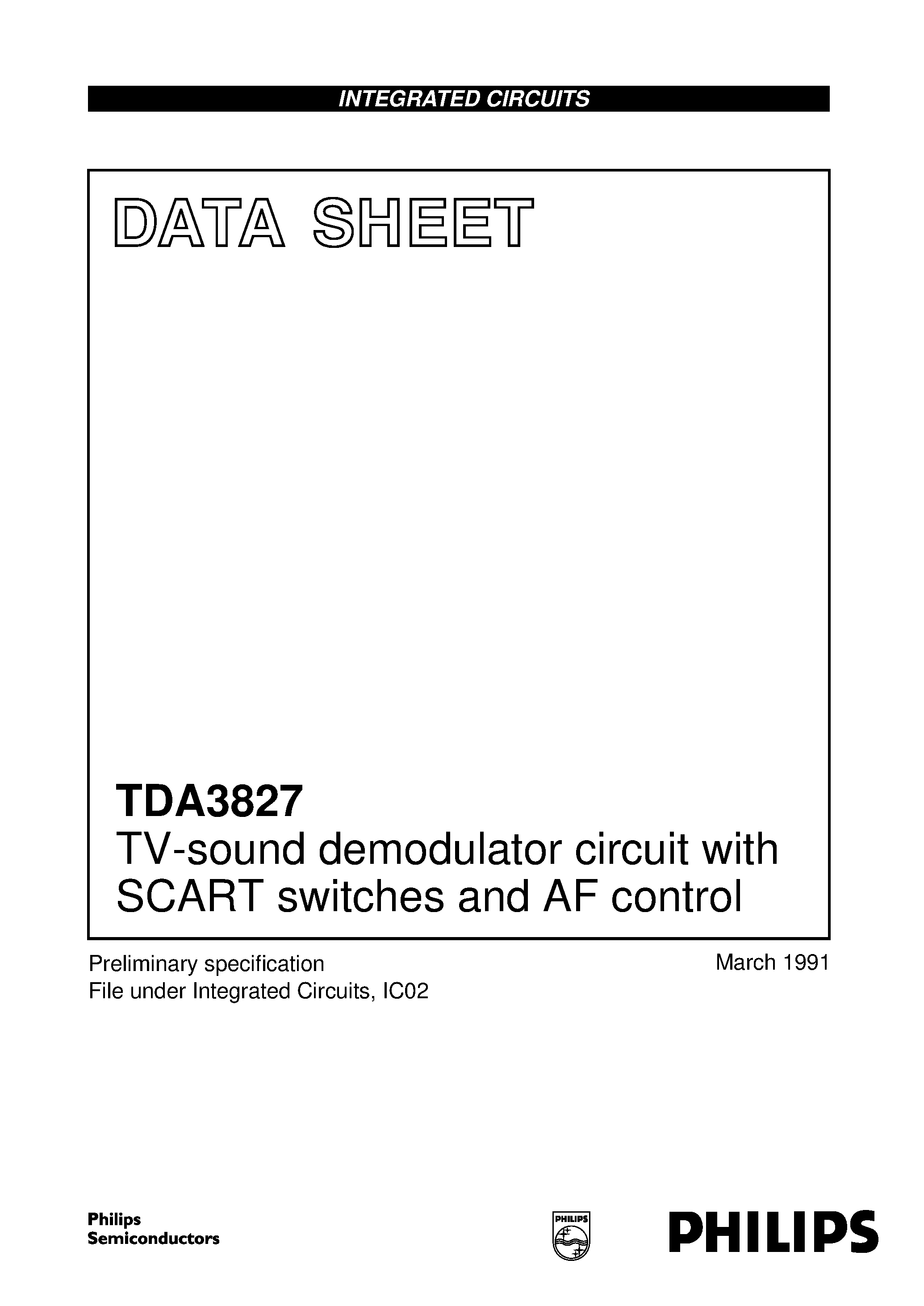 Datasheet TDA3827 page 1 Datasheet TDA3827 - TV-sound demodulator circuit with SCART switches and AF control page 1