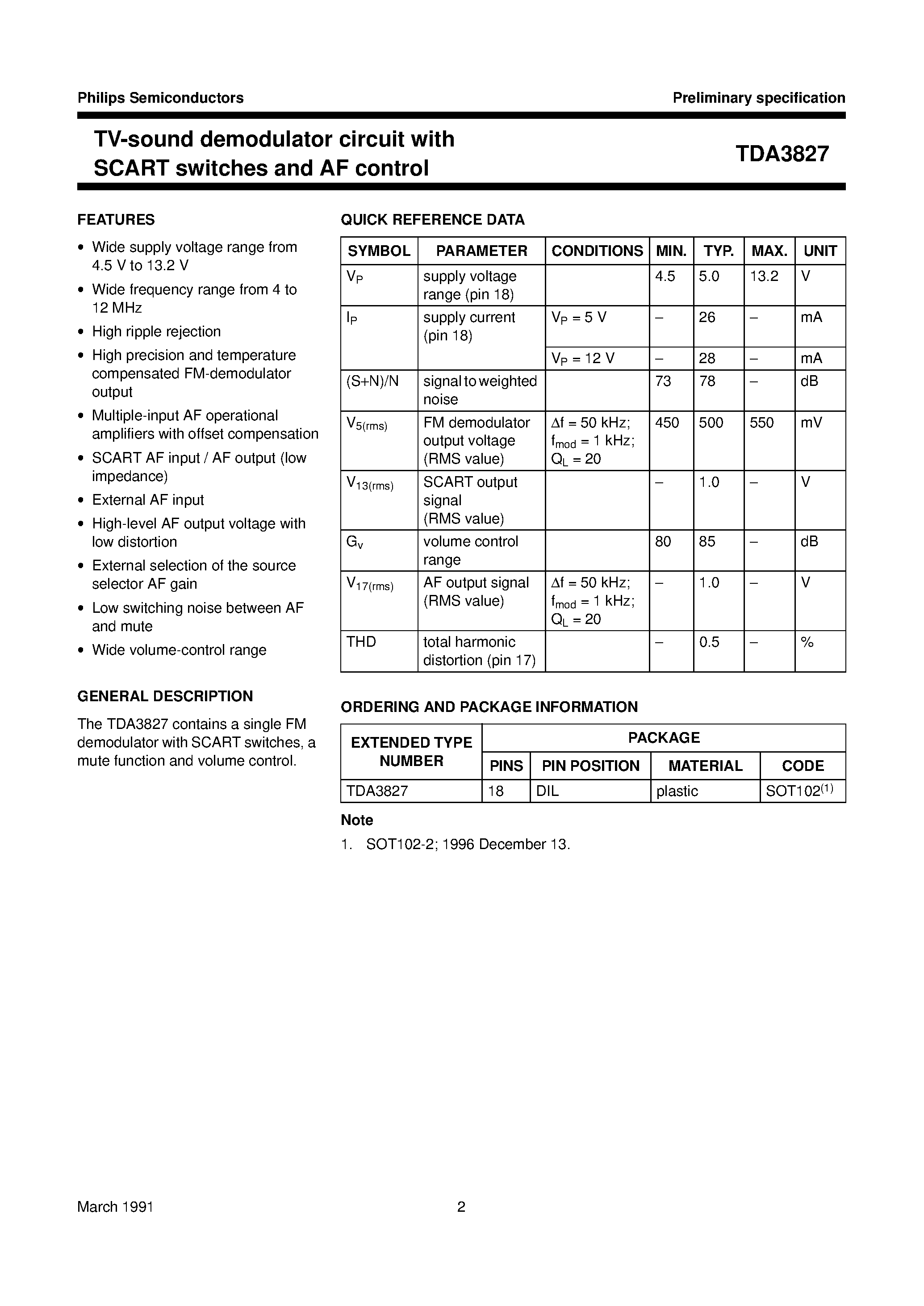 Datasheet TDA3827 page 2 Datasheet TDA3827 - TV-sound demodulator circuit with SCART switches and AF control page 2