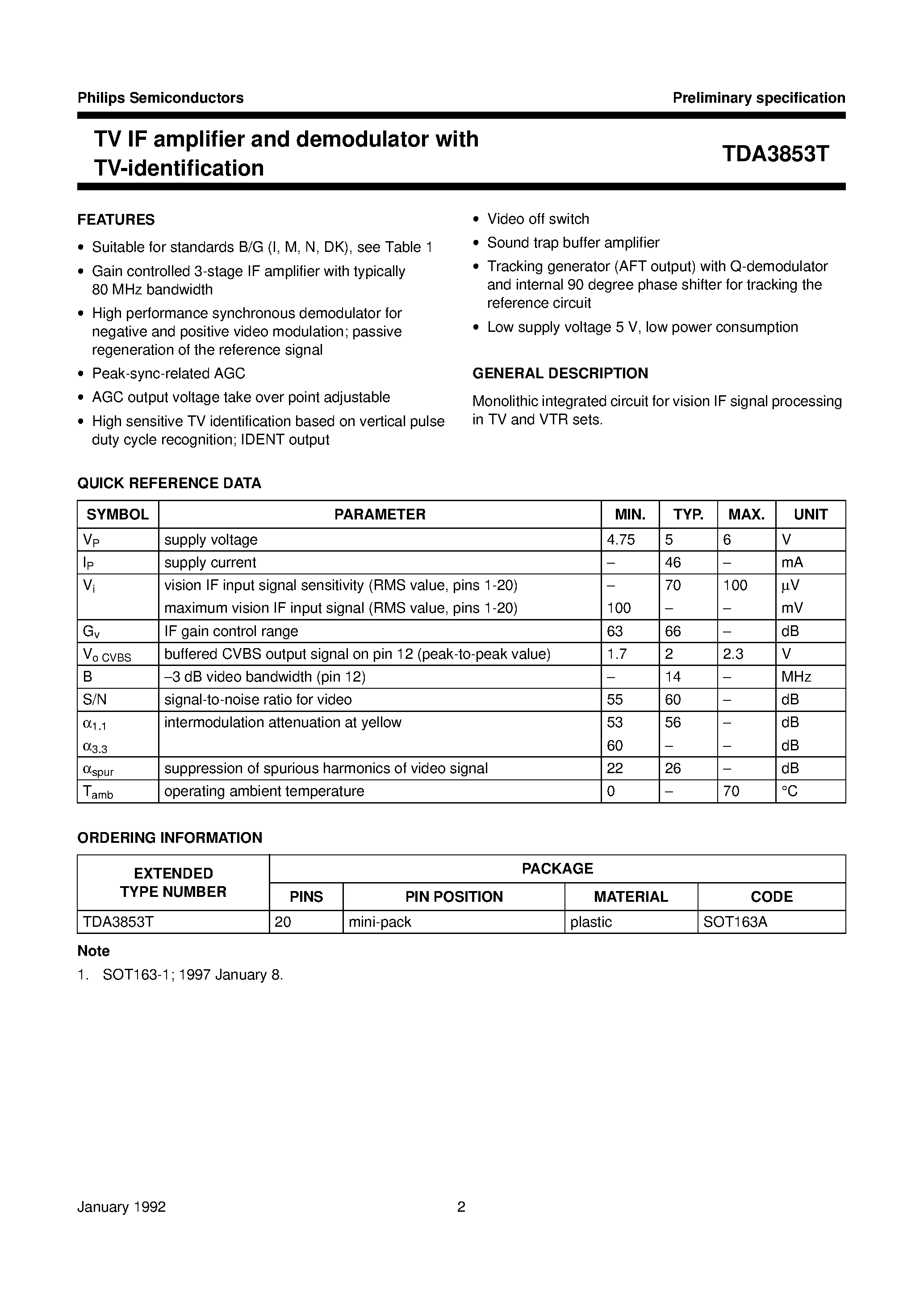 Datasheet TDA3853T - TV IF amplifier and demodulator with TV-identification page 2