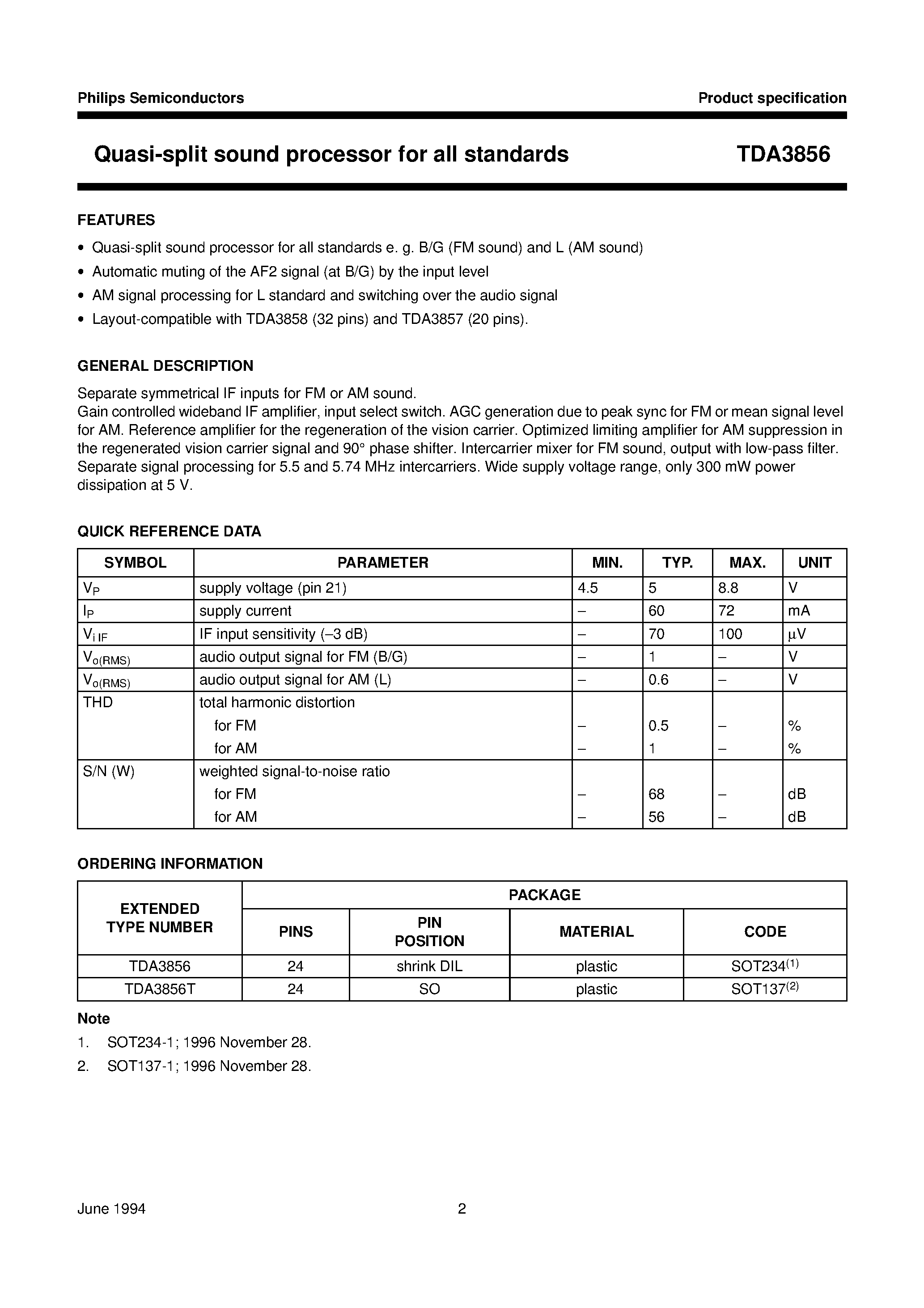 Datasheet TDA3856T page 2 Datasheet TDA3856T - Quasi-split sound processor for all standards page 2