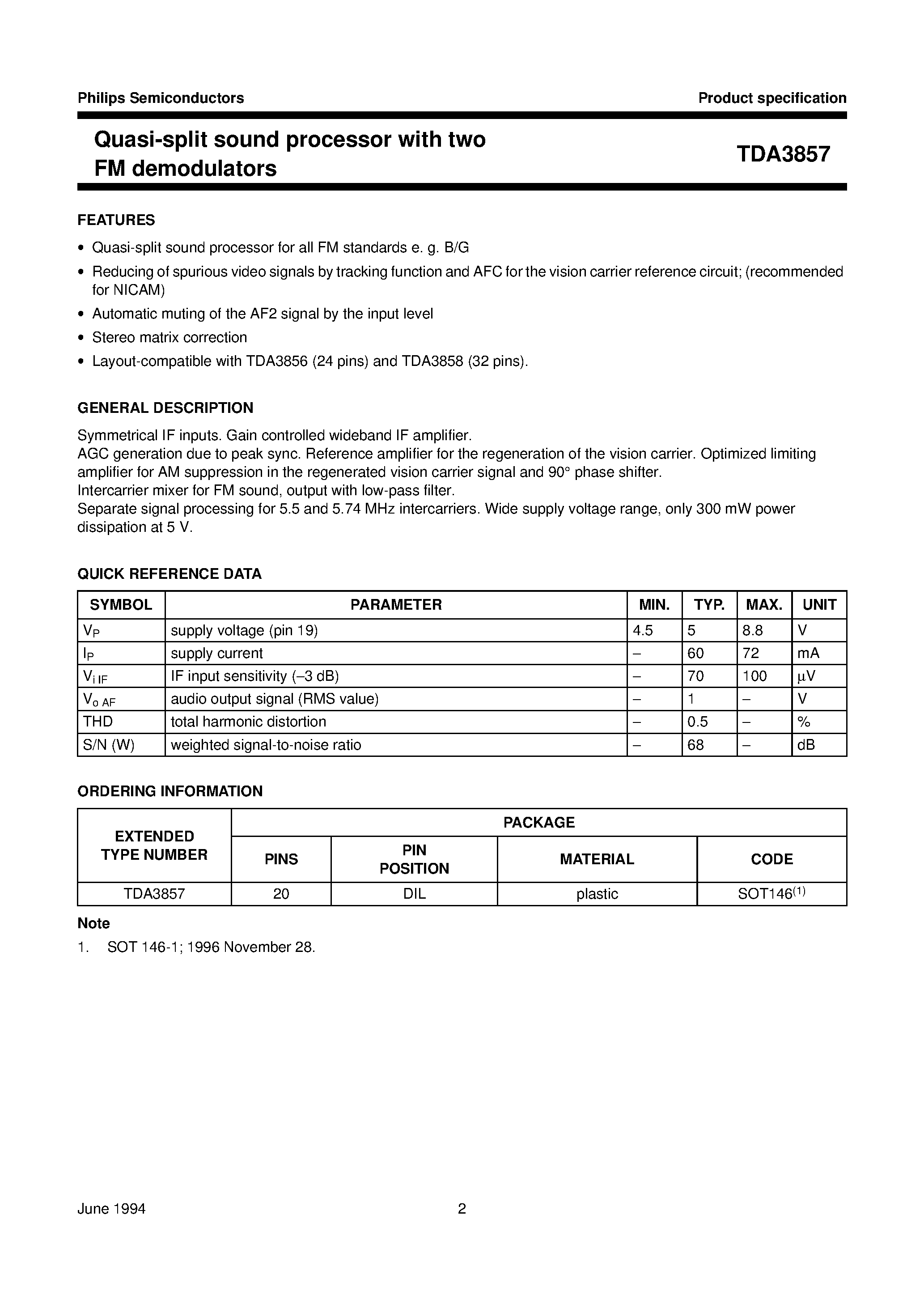 Datasheet TDA3857 page 2 Datasheet TDA3857 - Quasi-split sound processor with two FM demodulators page 2