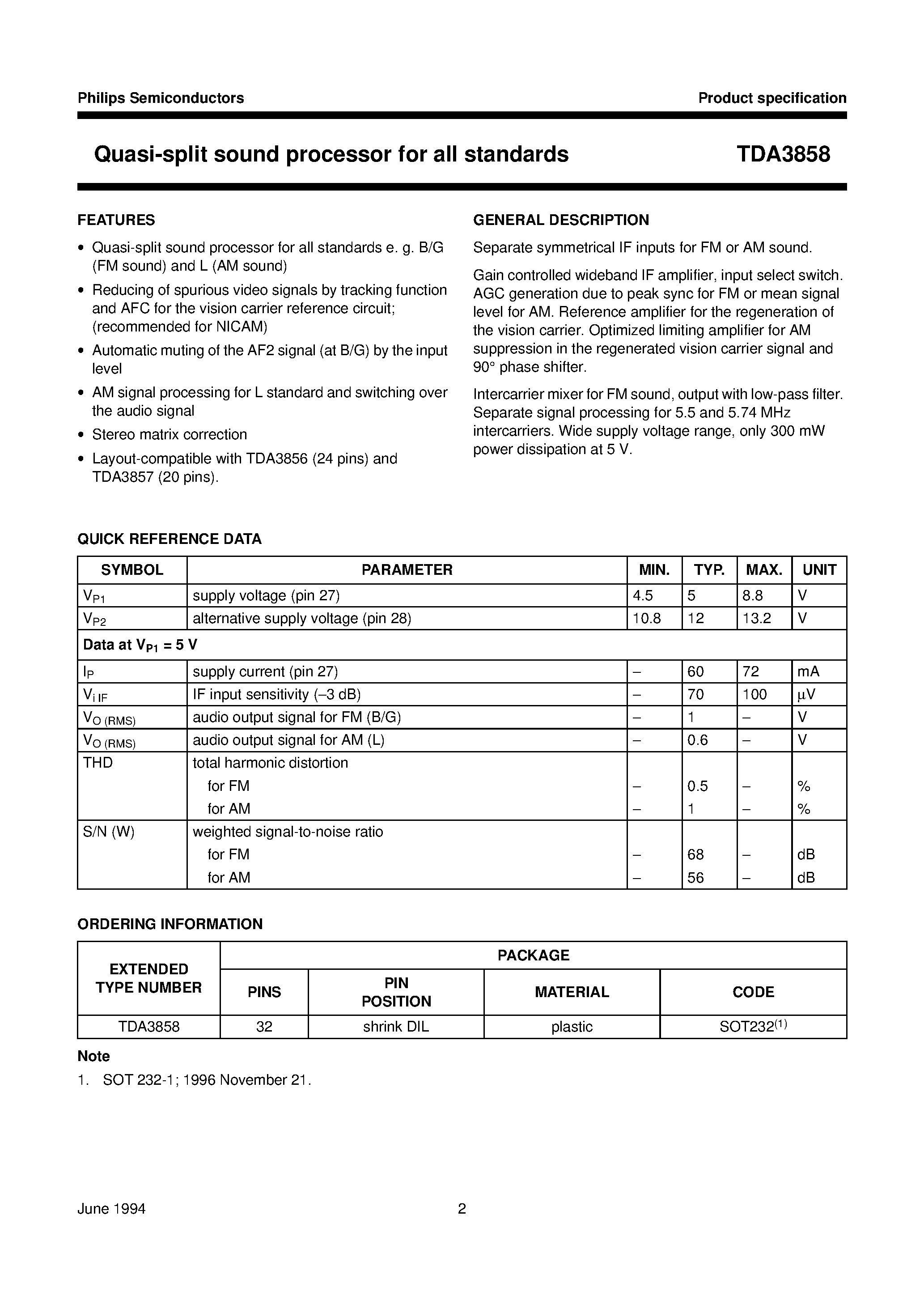 Datasheet TDA3858 page 2 Datasheet TDA3858 - Quasi-split sound processor for all standards page 2