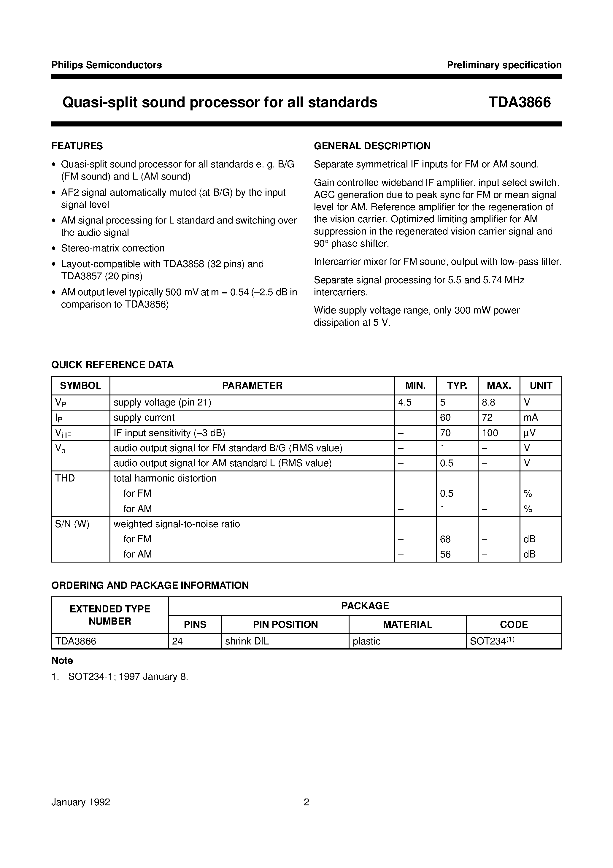 Datasheet TDA3866 page 2 Datasheet TDA3866 - Quasi-split sound processor for all standards page 2