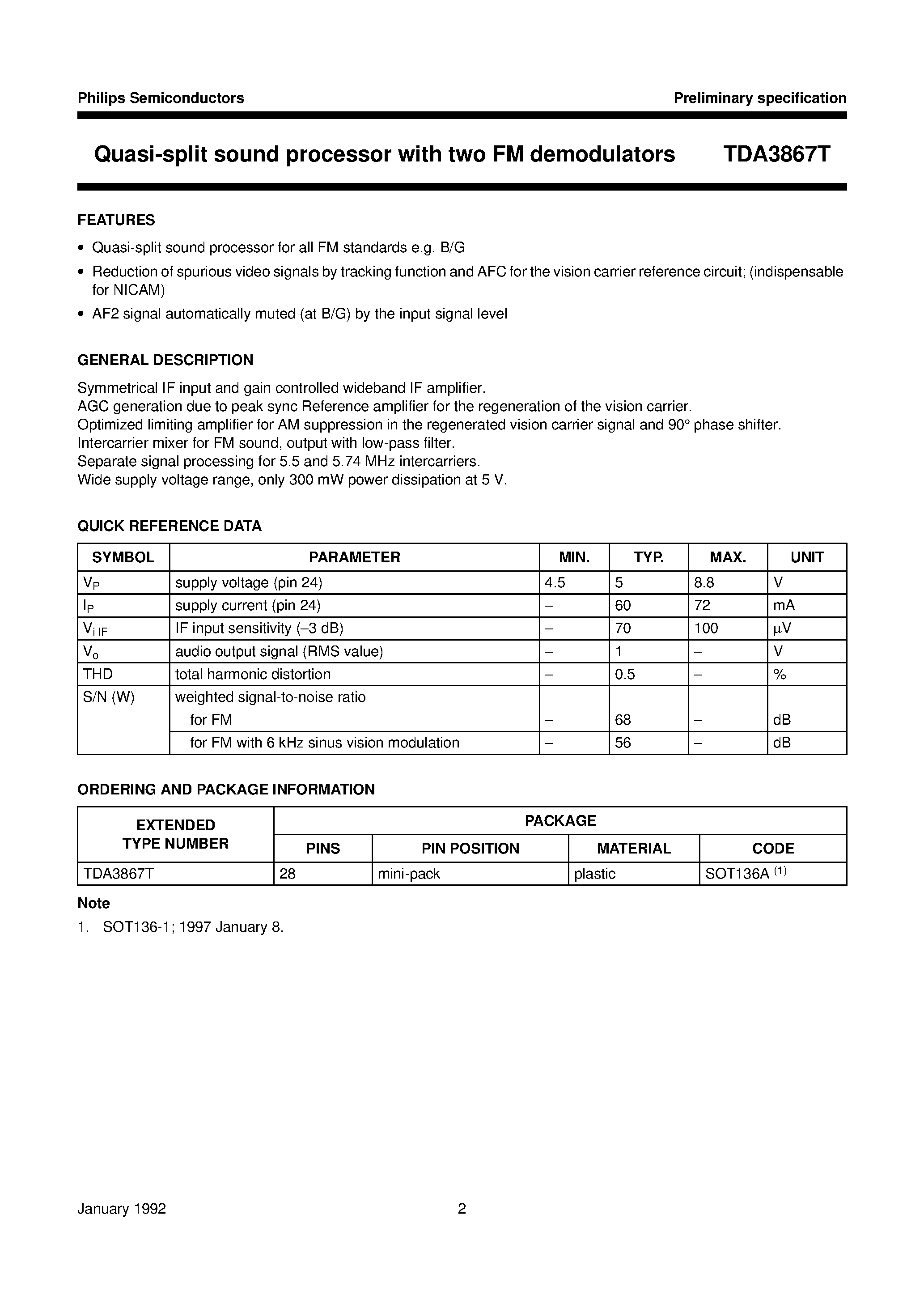Datasheet TDA3867T page 2 Datasheet TDA3867T - Quasi-split sound processor with two FM demodulators page 2