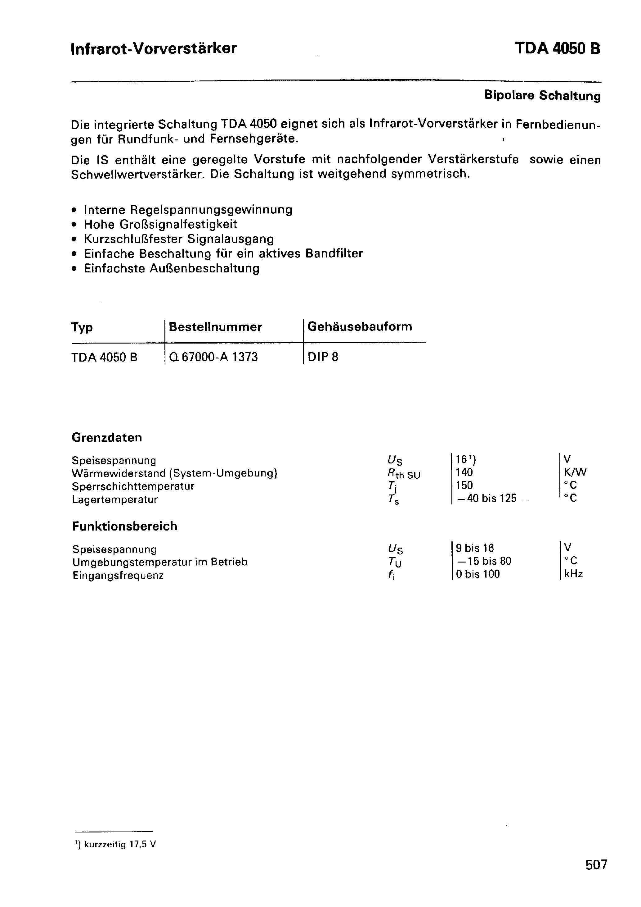 Datasheet TDA4050B page 1 Datasheet TDA4050B - Infrarot-Vorverstarker page 1