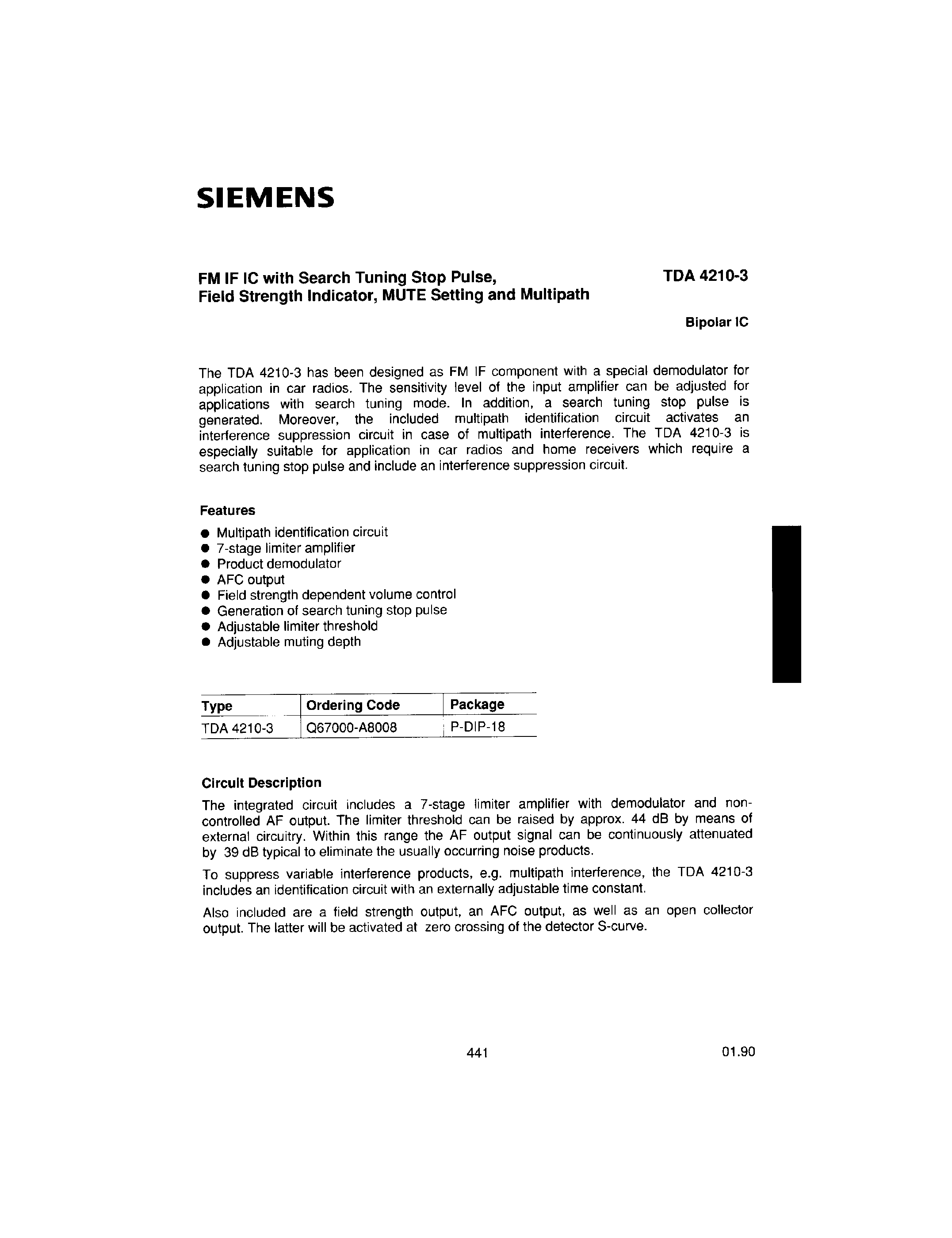 Datasheet TDA4210-3 - FM IF IC WITH SEARCH TUNING STOP PULSE/ FIELD STRENGTH INDICATOR/ MUTE SETTING AND MULTIPATH page 1