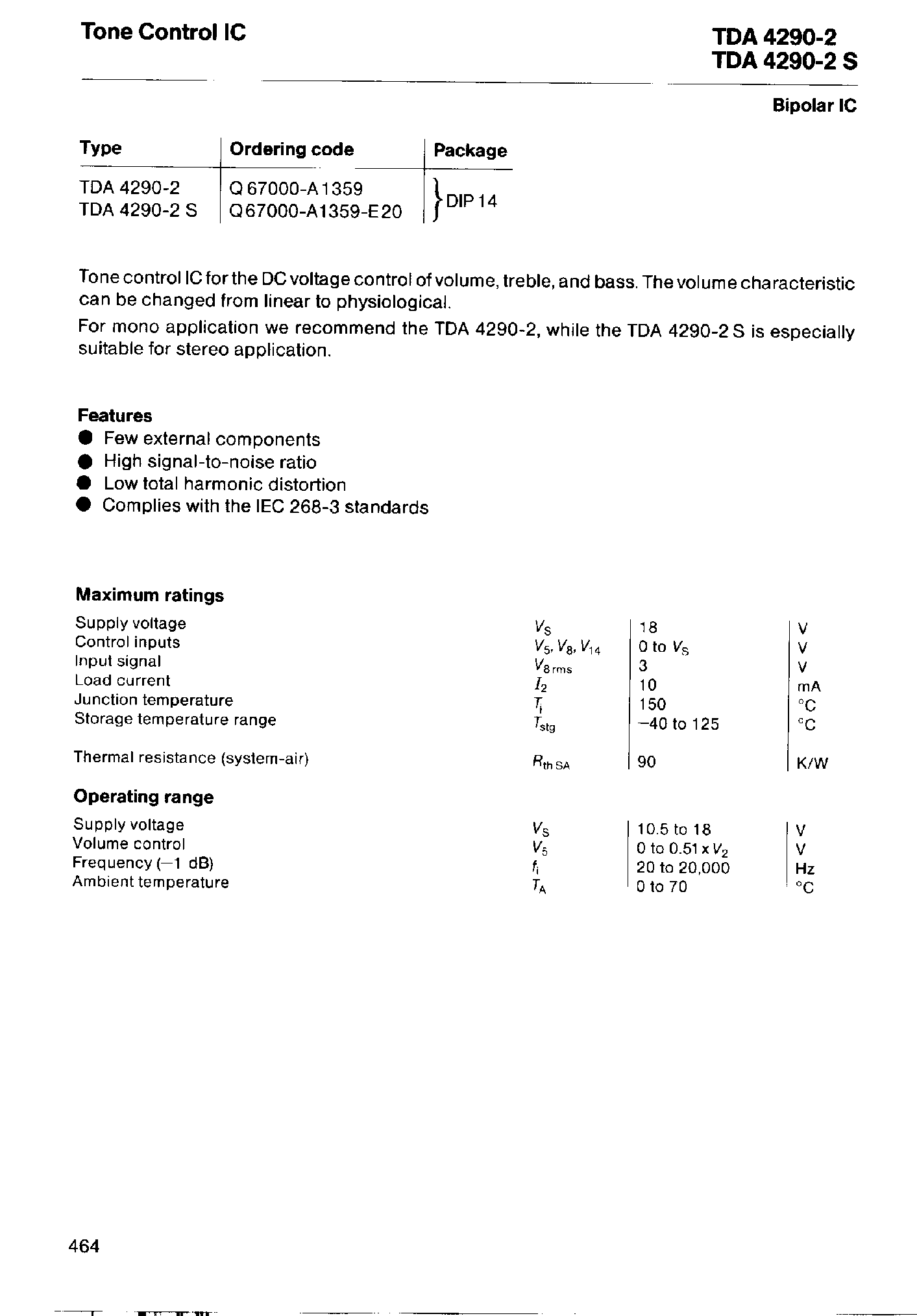 Datasheet TDA4290-2S page 1 Datasheet TDA4290-2S - TONE CONTROL IC page 1