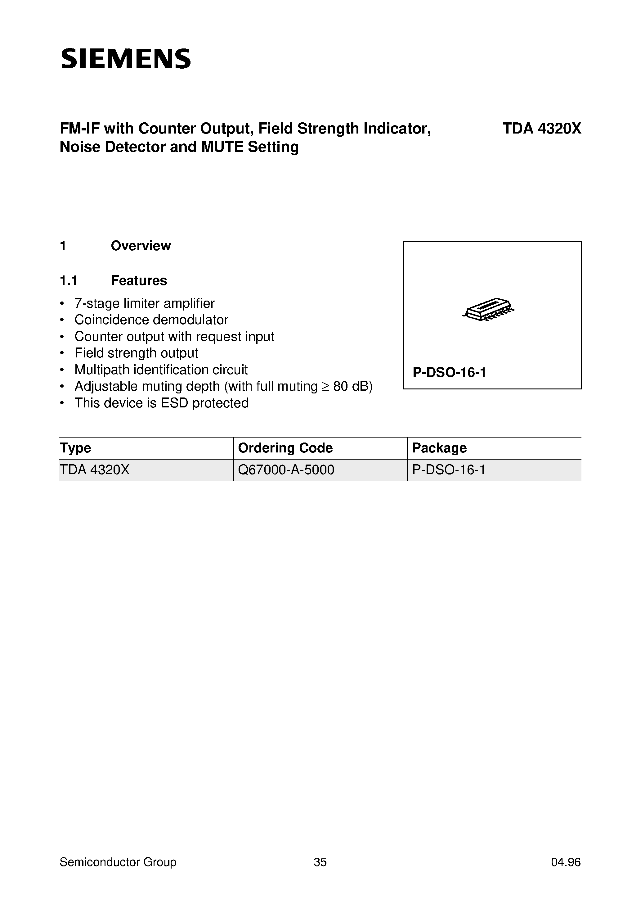 Datasheet TDA4320X - FM-IF with Counter Output/ Field Strength Indicator/ Noise Detector and MUTE Setting page 1