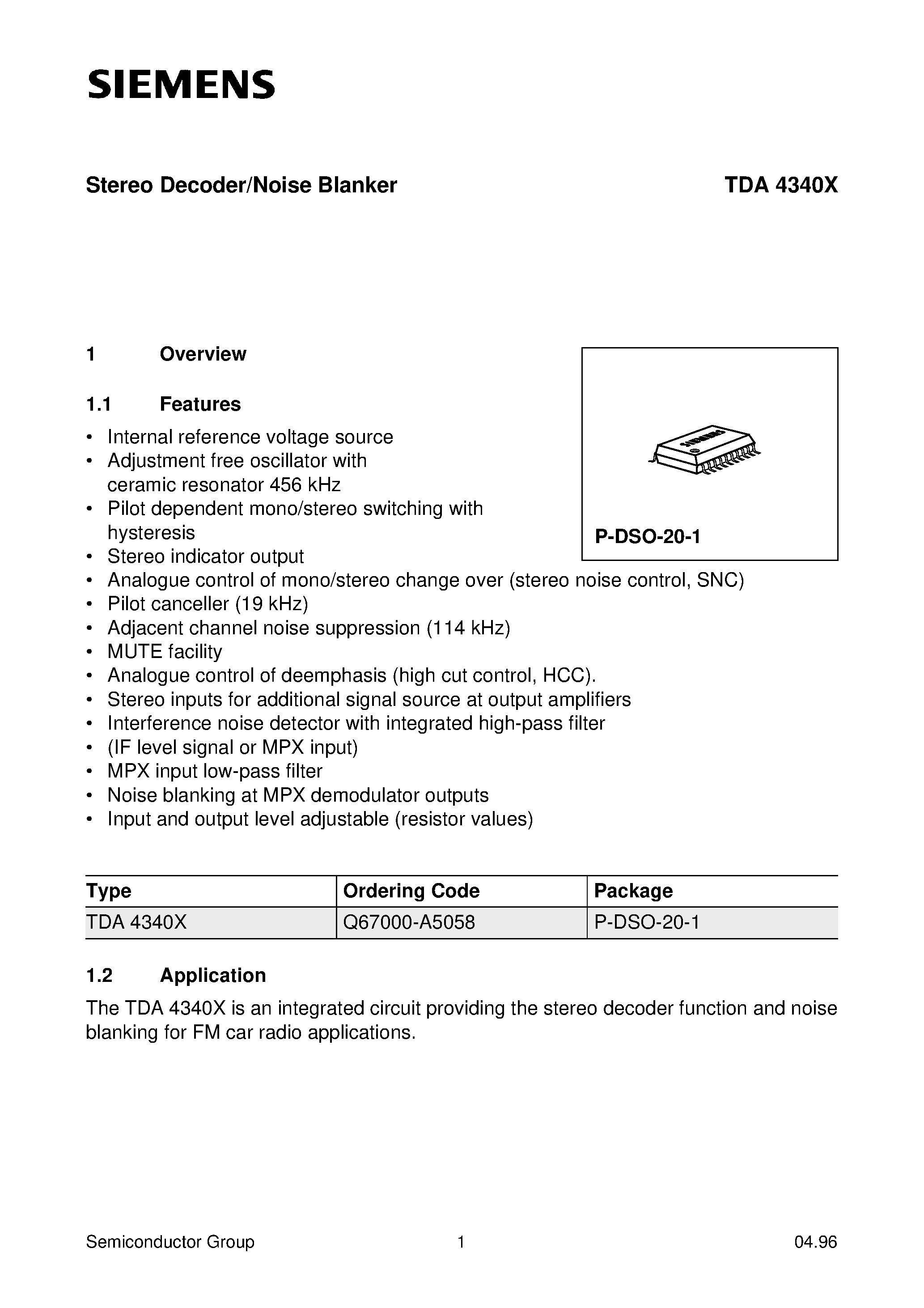 Datasheet TDA4340X - Stereo Decoder/Noise Blanker page 1