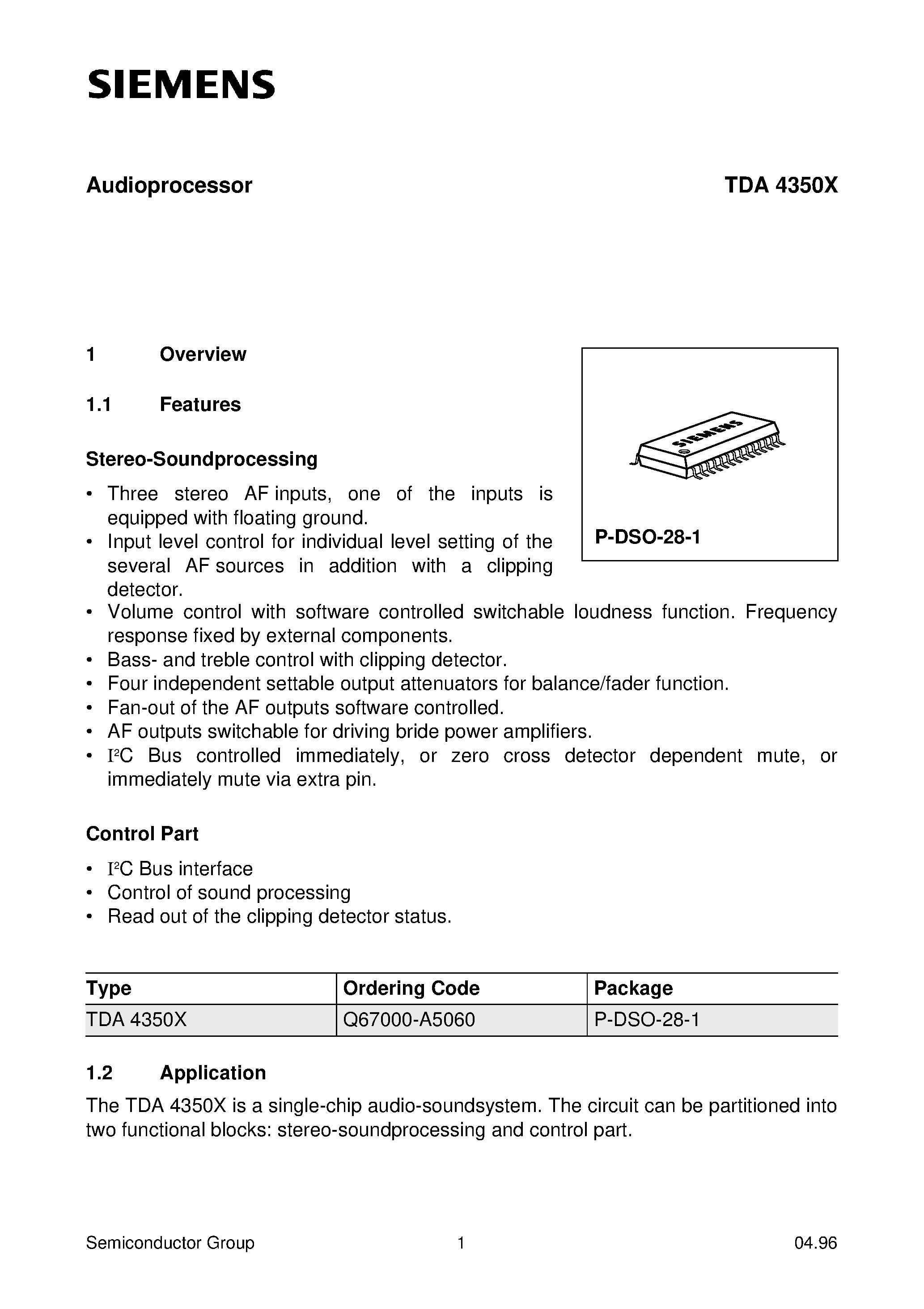 Datasheet TDA4350X page 1 Datasheet TDA4350X - Audioprocessor page 1