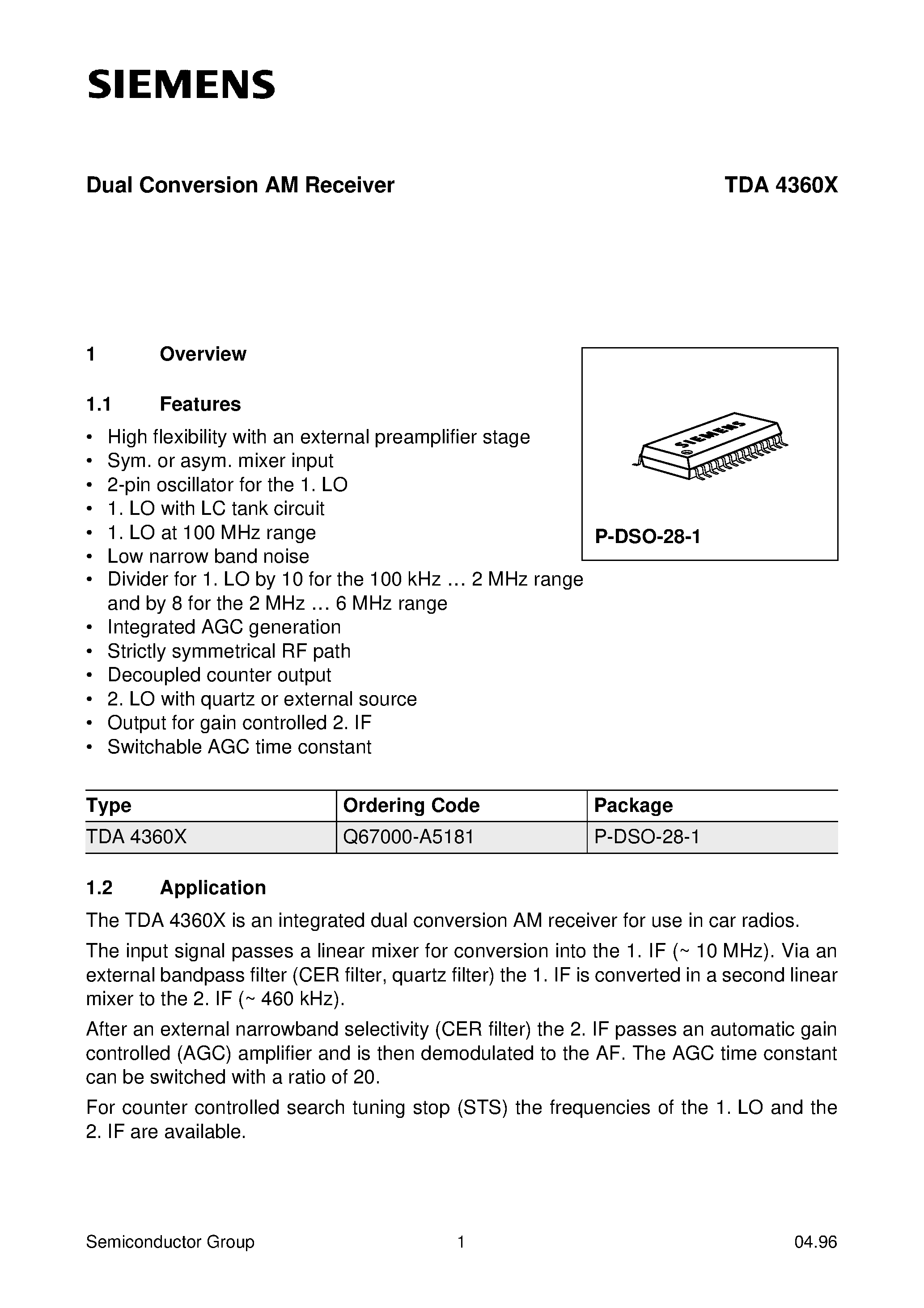 Datasheet TDA4360X - Dual Conversion AM Receiver page 1