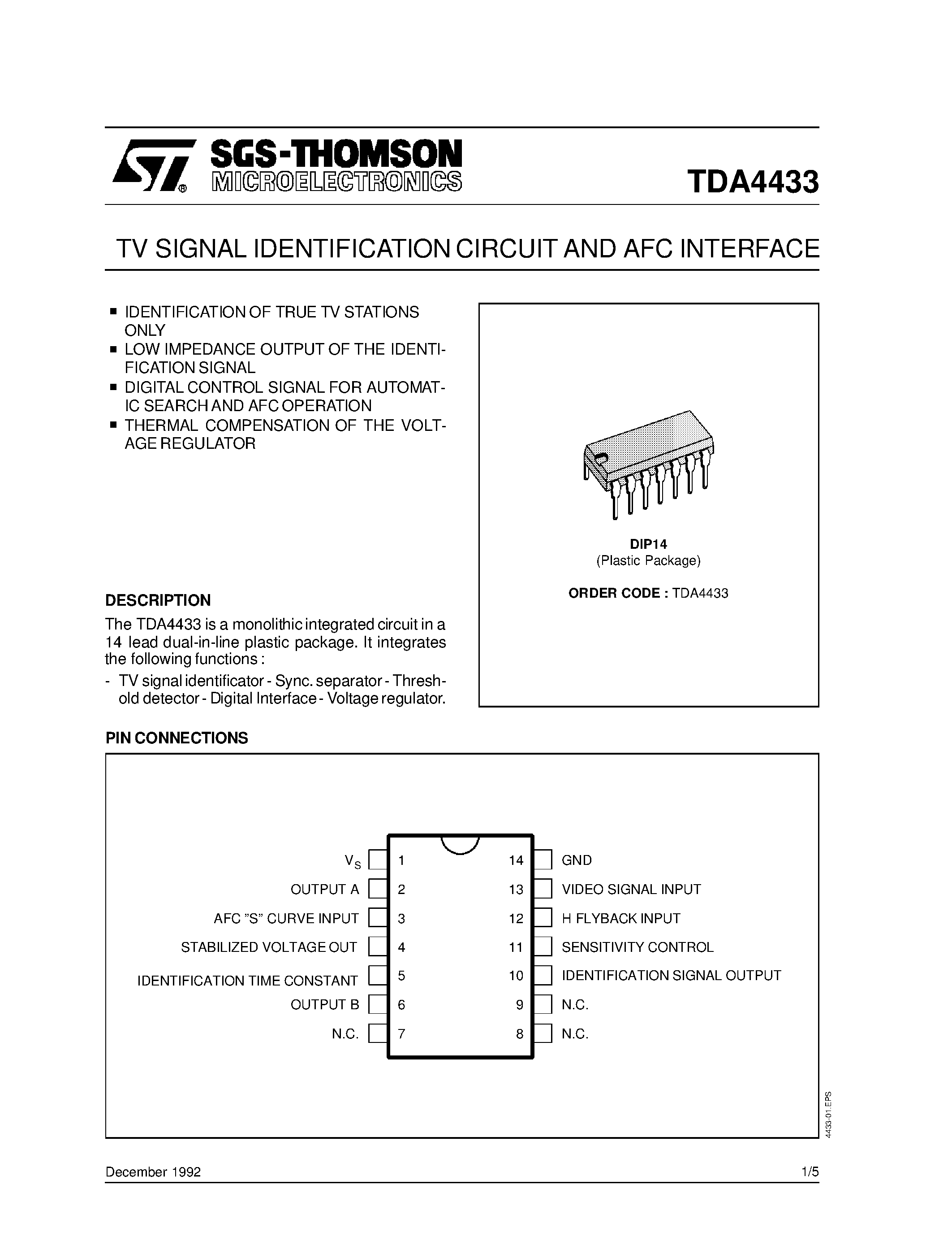 Datasheet TDA4433 - TV SIGNAL IDENTIFICATION CIRCUIT AND AFC INTERFACE page 1
