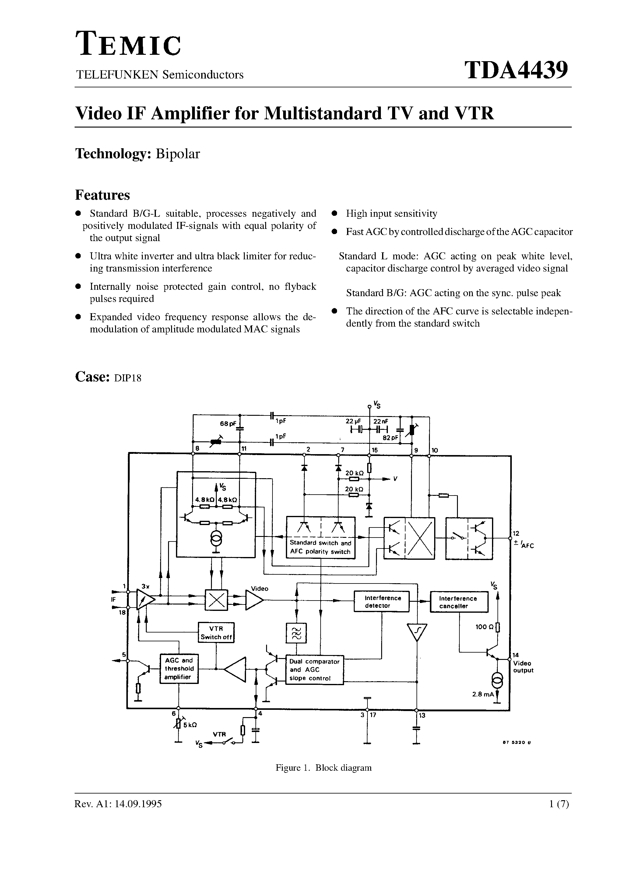 Datasheet TDA4439 - Video IF Amplifier for Multistandard TV and VTR page 1