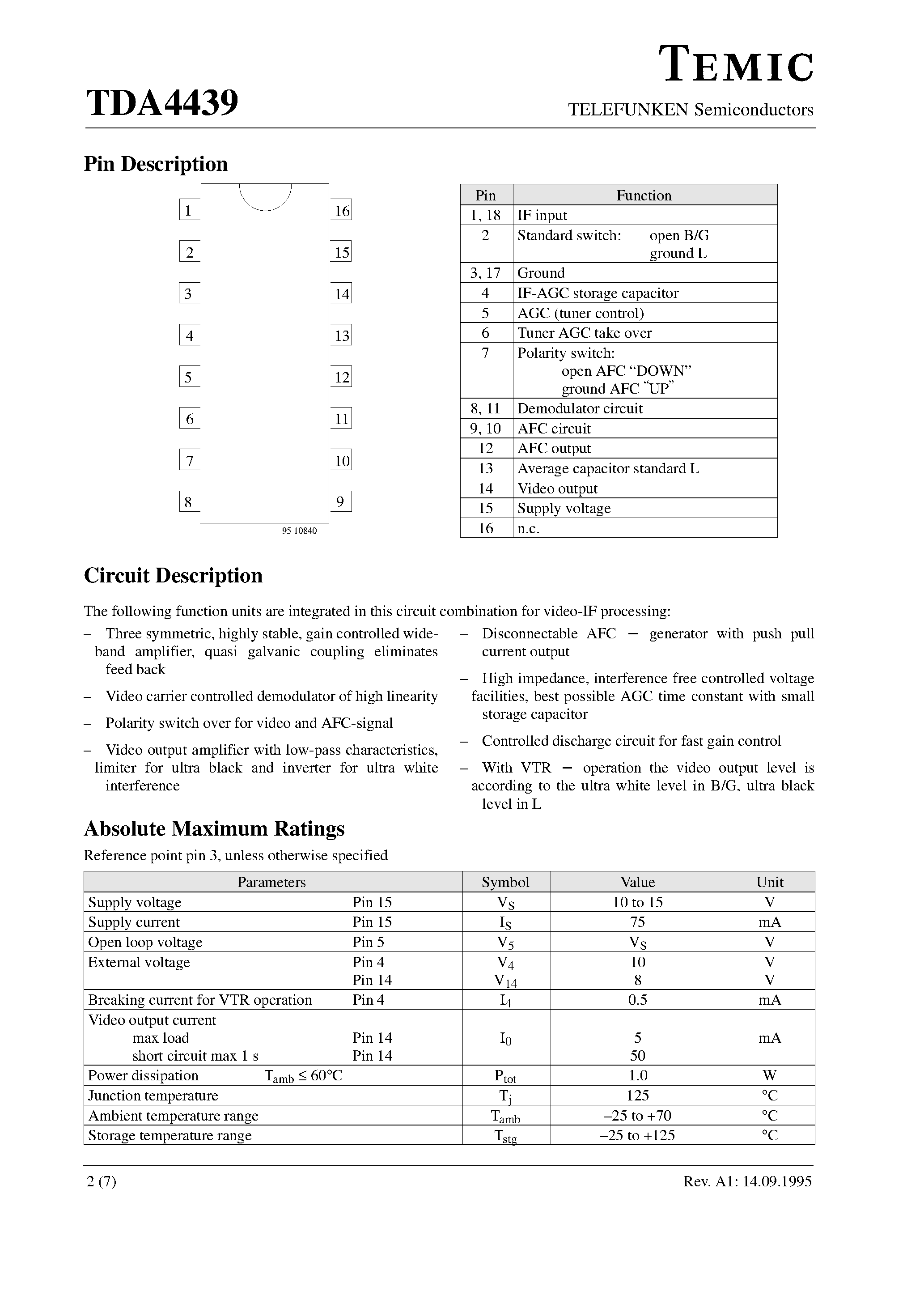 Datasheet TDA4439 - Video IF Amplifier for Multistandard TV and VTR page 2