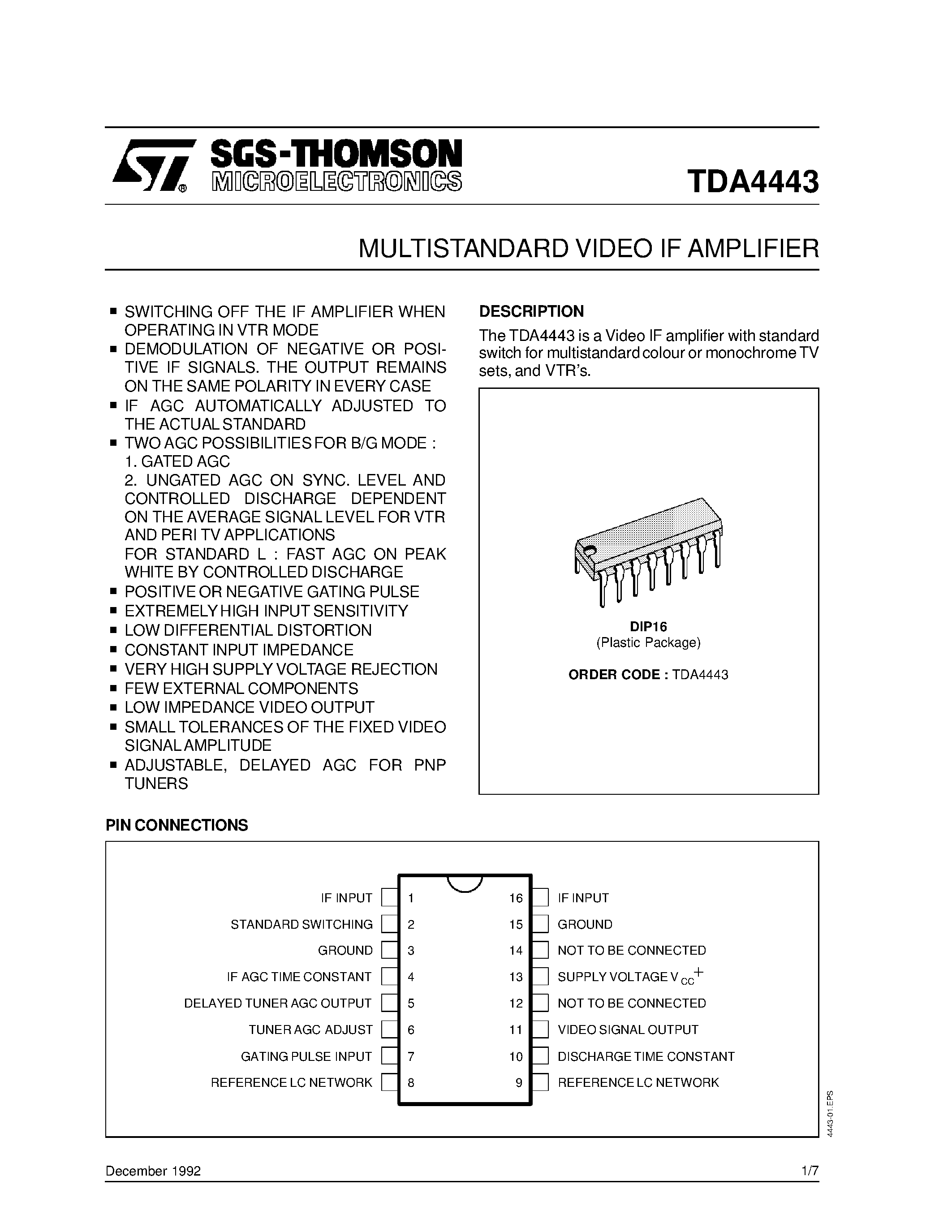 Datasheet TDA4443 - MULTISTANDARD VIDEO IF AMPLIFIER page 1