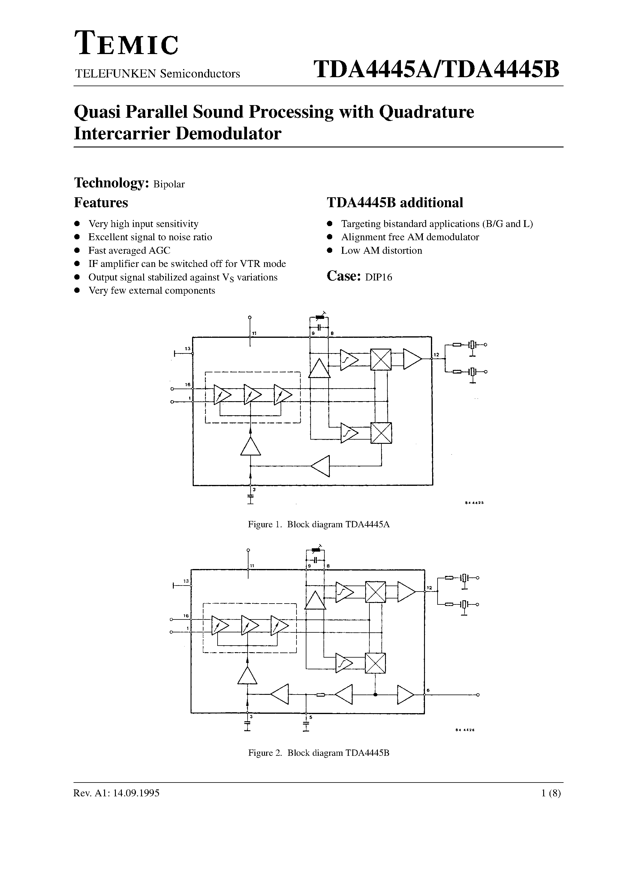Datasheet TDA4445A - Quasi Parallel Sound Processing with Quadrature Intercarrier Demodulator page 1