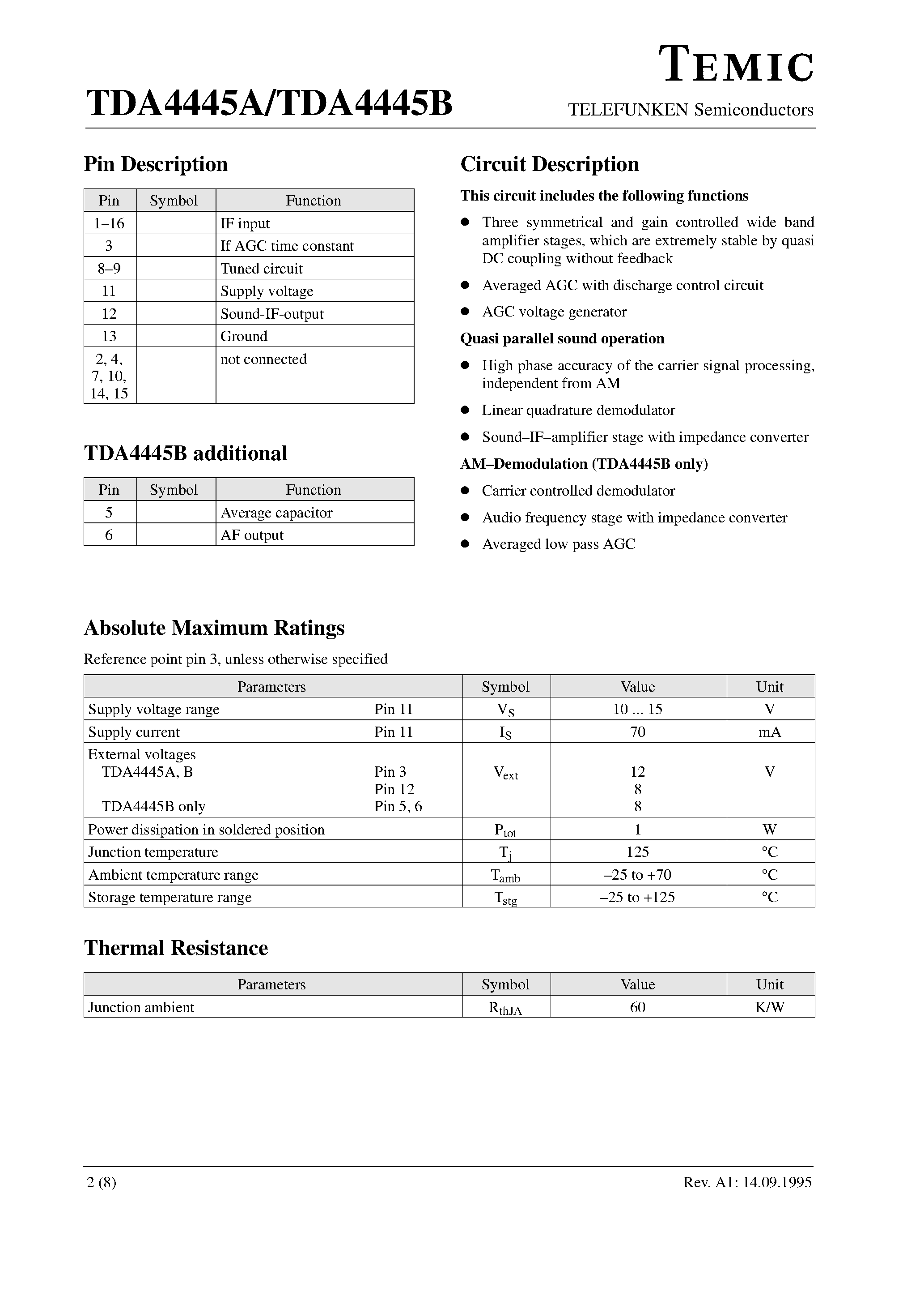 Datasheet TDA4445A - Quasi Parallel Sound Processing with Quadrature Intercarrier Demodulator page 2