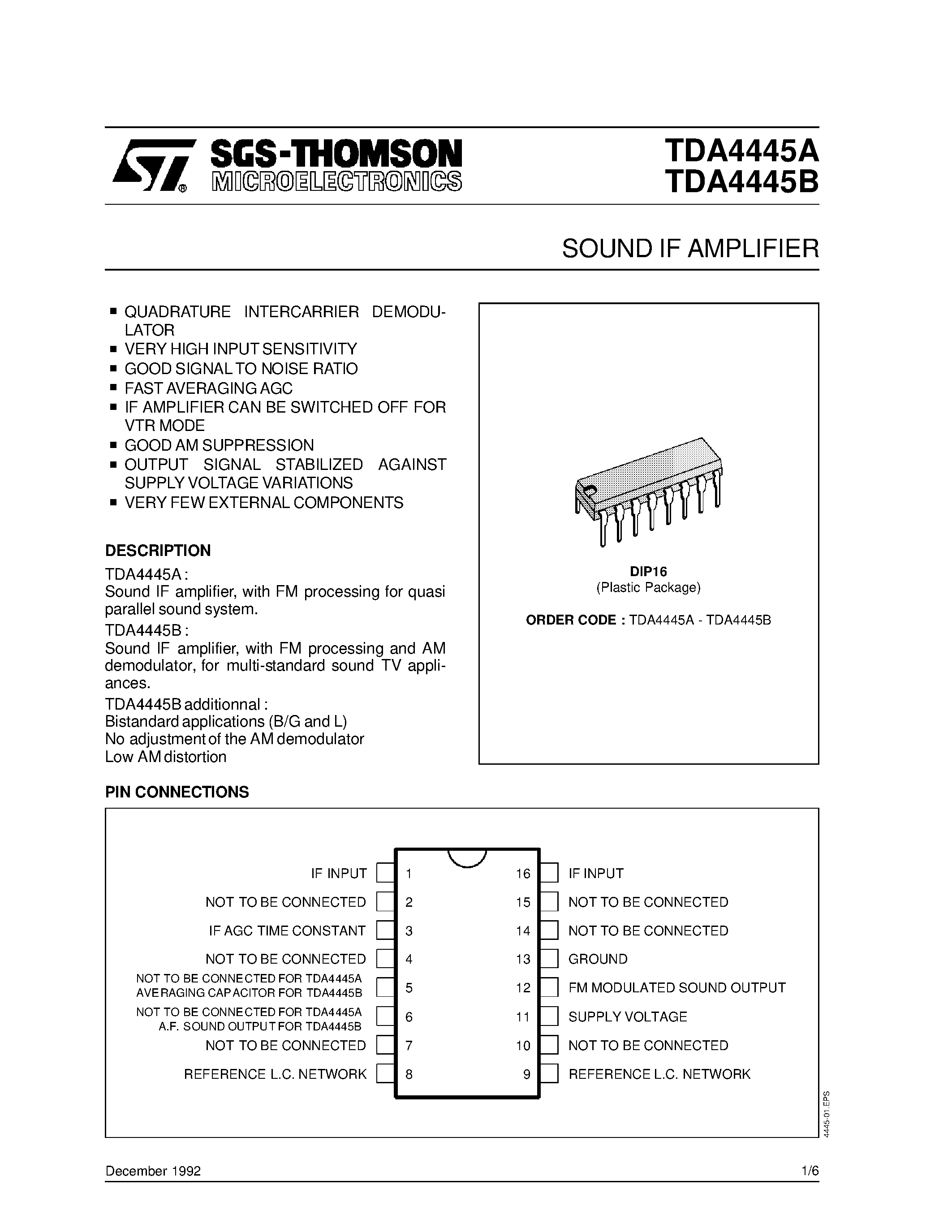 Datasheet TDA4445B - SOUND IF AMPLIFIER page 1