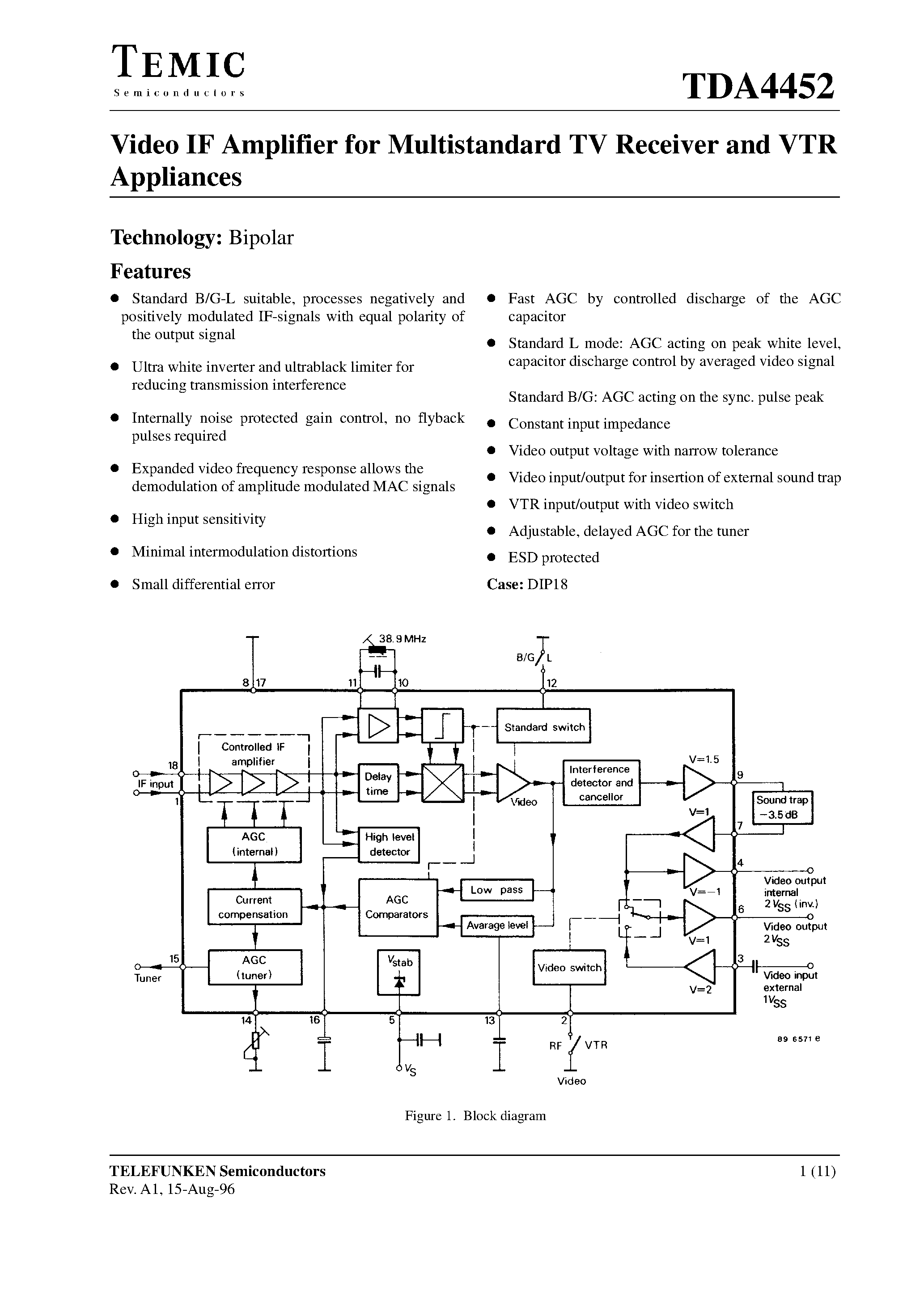 Datasheet TDA4452 - Video IF Amplifier for Multistandard TV Receiver and VTR Appliances page 1