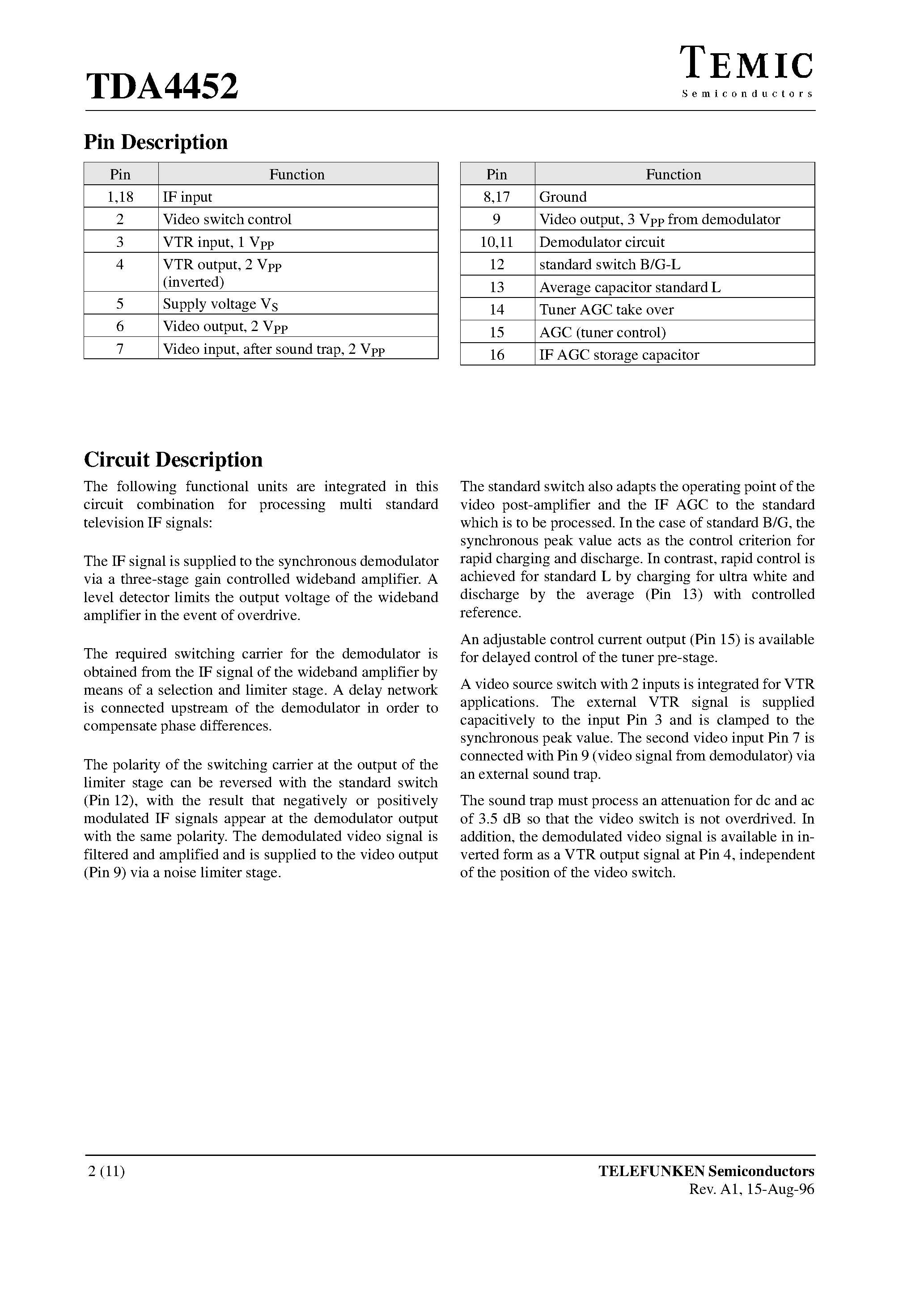 Datasheet TDA4452 - Video IF Amplifier for Multistandard TV Receiver and VTR Appliances page 2
