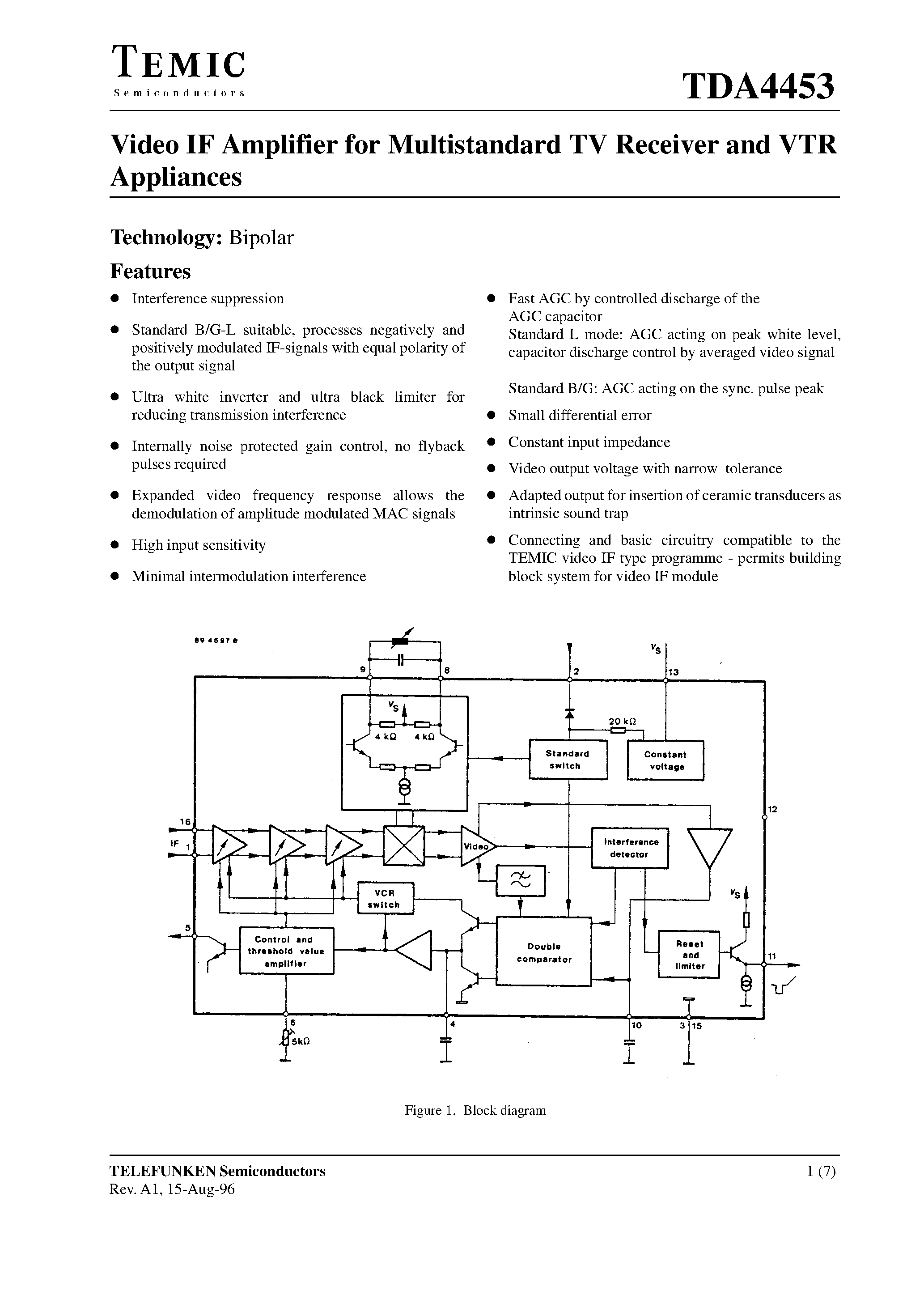 Datasheet TDA4453 - Video IF Amplifier for Multistandard TV Receiver and VTR Appliances page 1