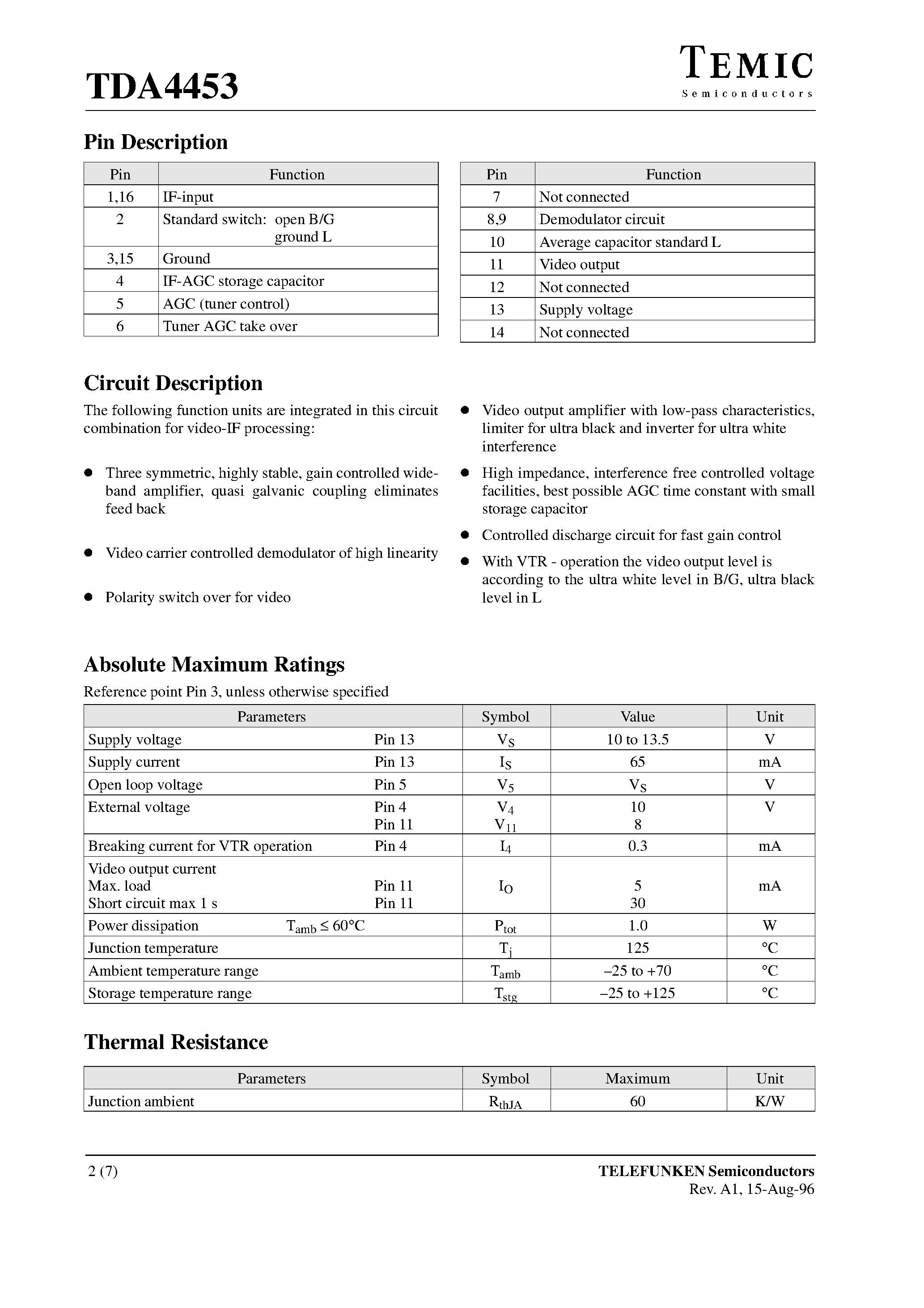 Datasheet TDA4453 - Video IF Amplifier for Multistandard TV Receiver and VTR Appliances page 2