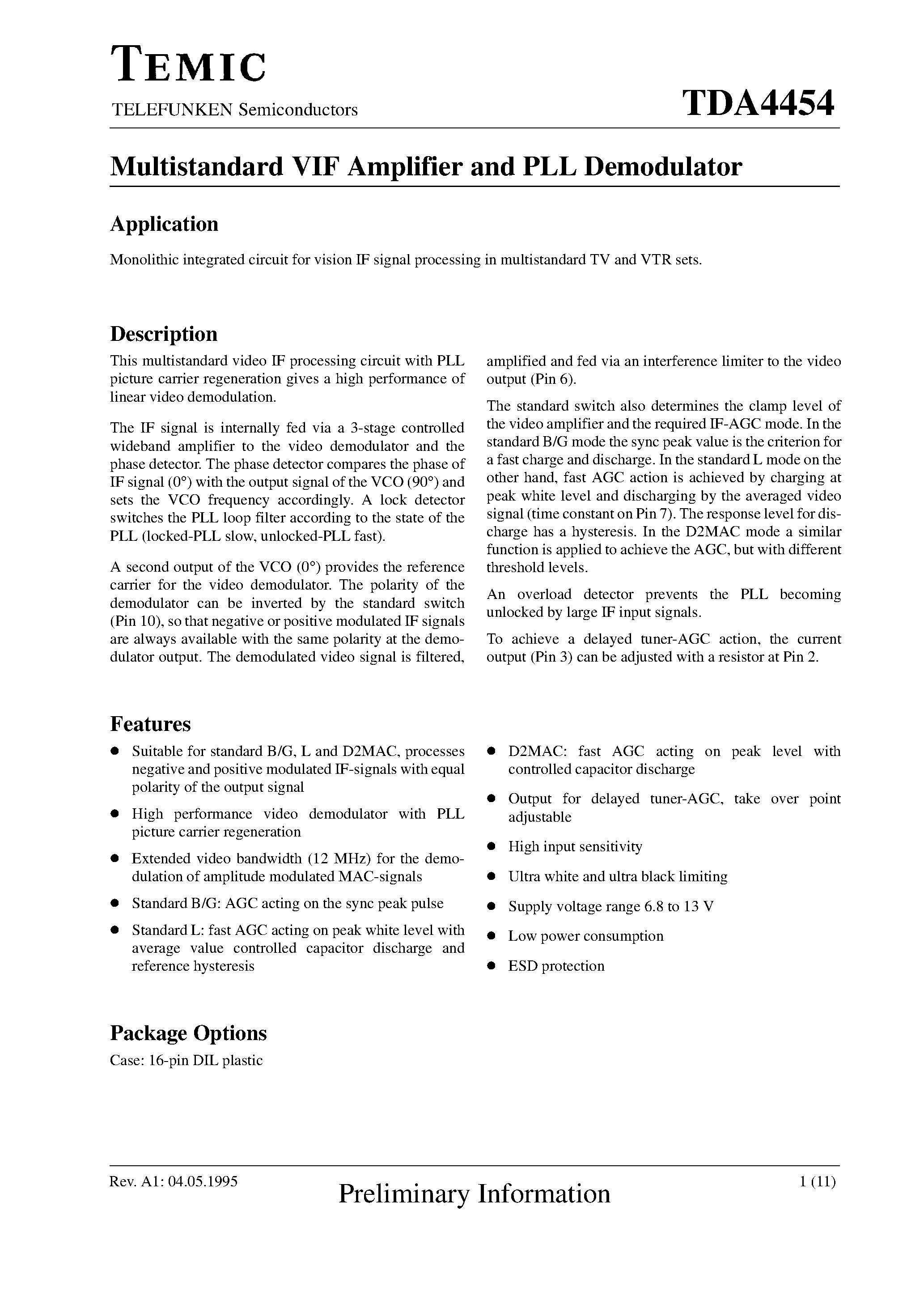 Datasheet TDA4454 - Multistandard VIF Amplifier and PLL Demodulator page 1