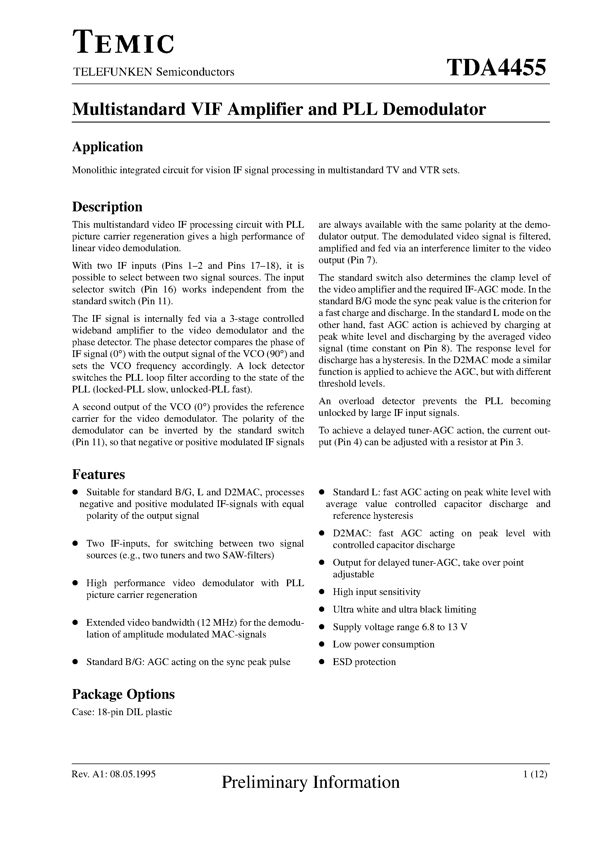 Datasheet TDA4455 - Multistandard VIF Amplifier and PLL Demodulator page 1