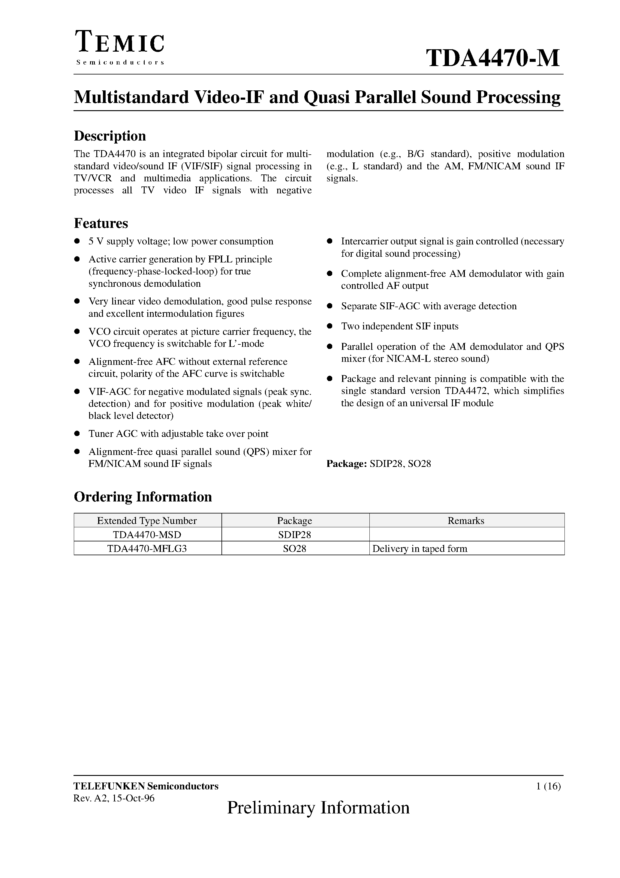 Datasheet TDA4470 - Multistandard Video-IF and Quasi Parallel Sound Processing page 1