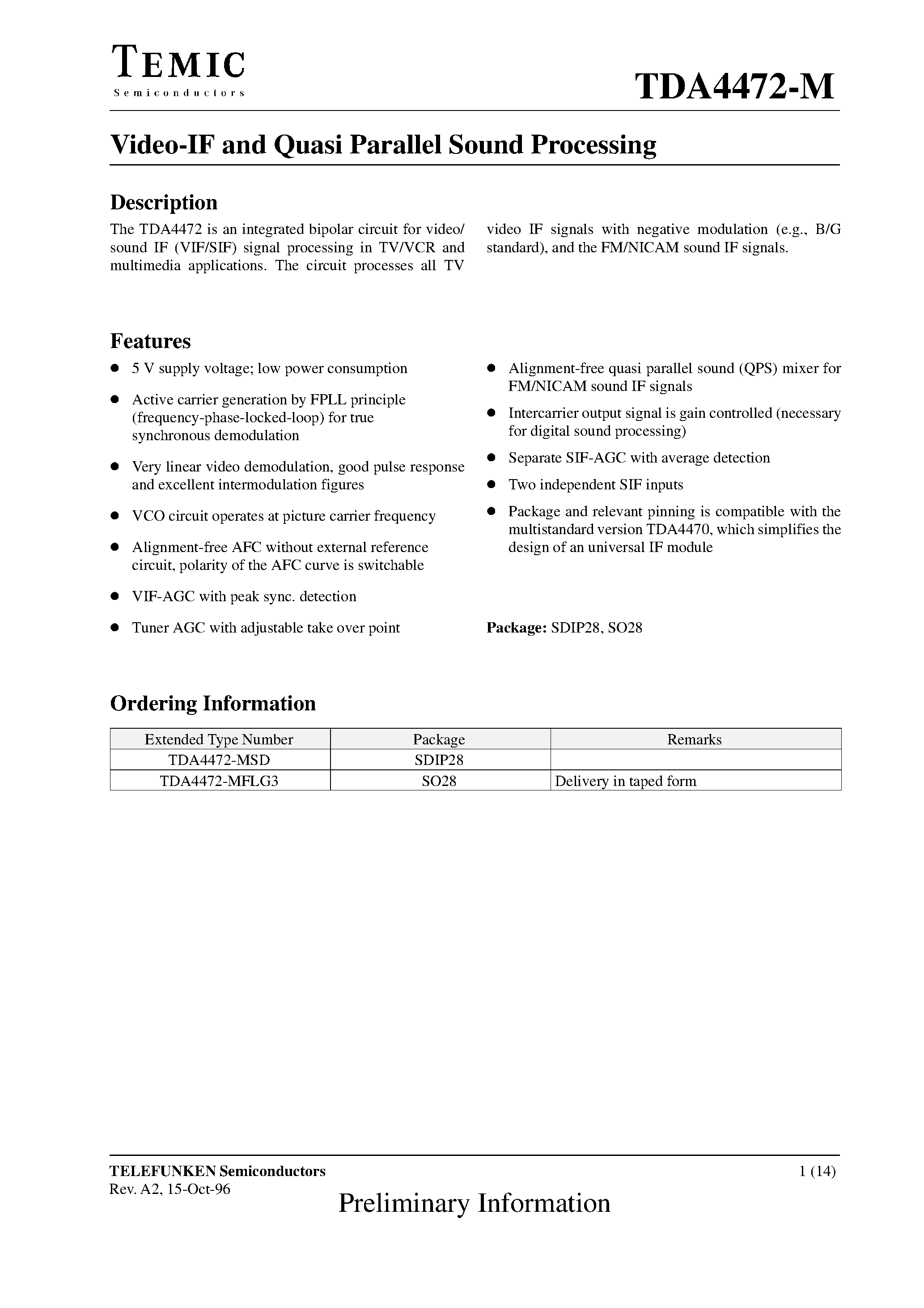 Datasheet TDA4472 - Video-IF and Quasi Parallel Sound Processing page 1