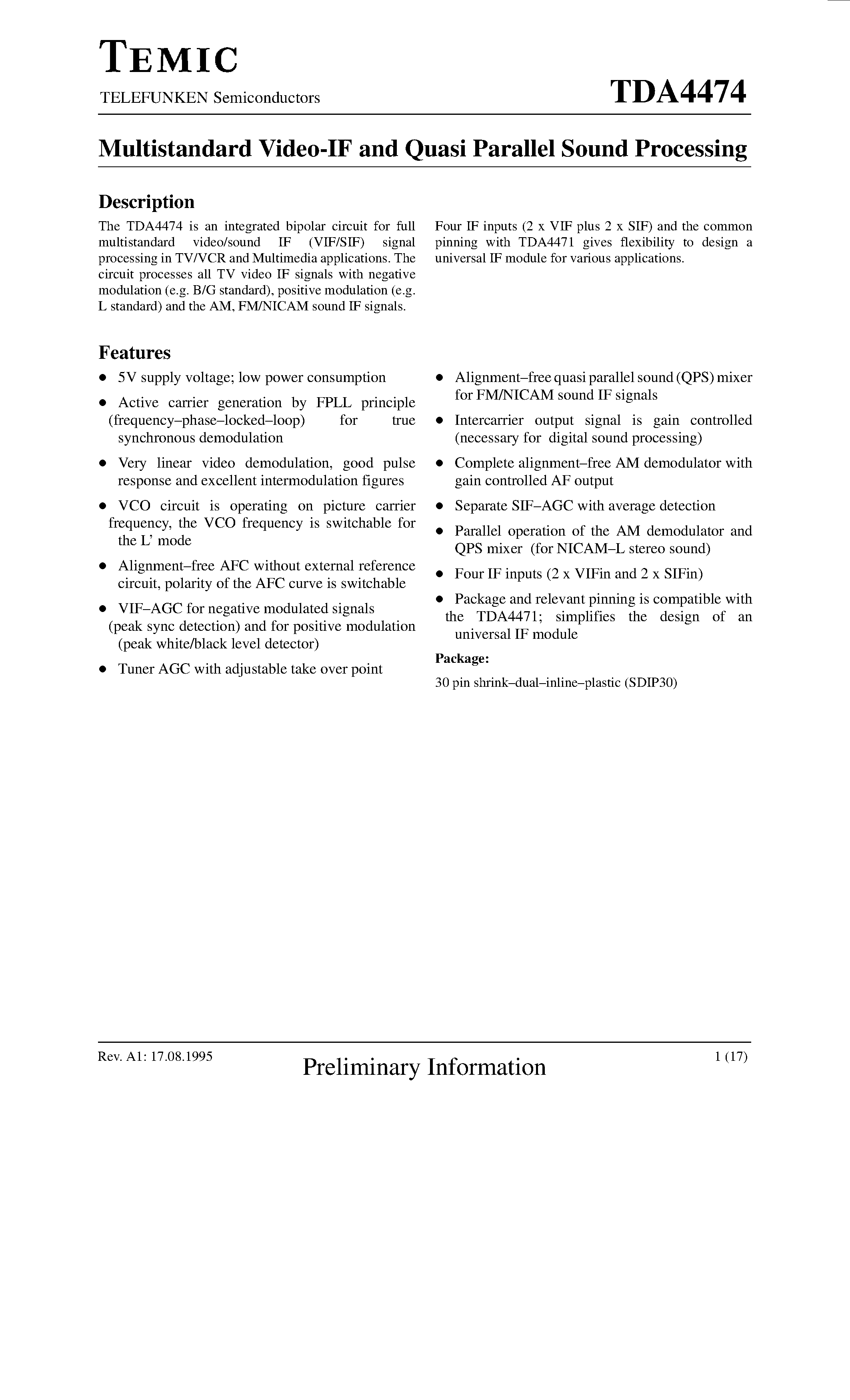 Datasheet TDA4474 page 1 Datasheet TDA4474 - Multistandard Video-IF and Quasi Parallel Sound Processing page 1