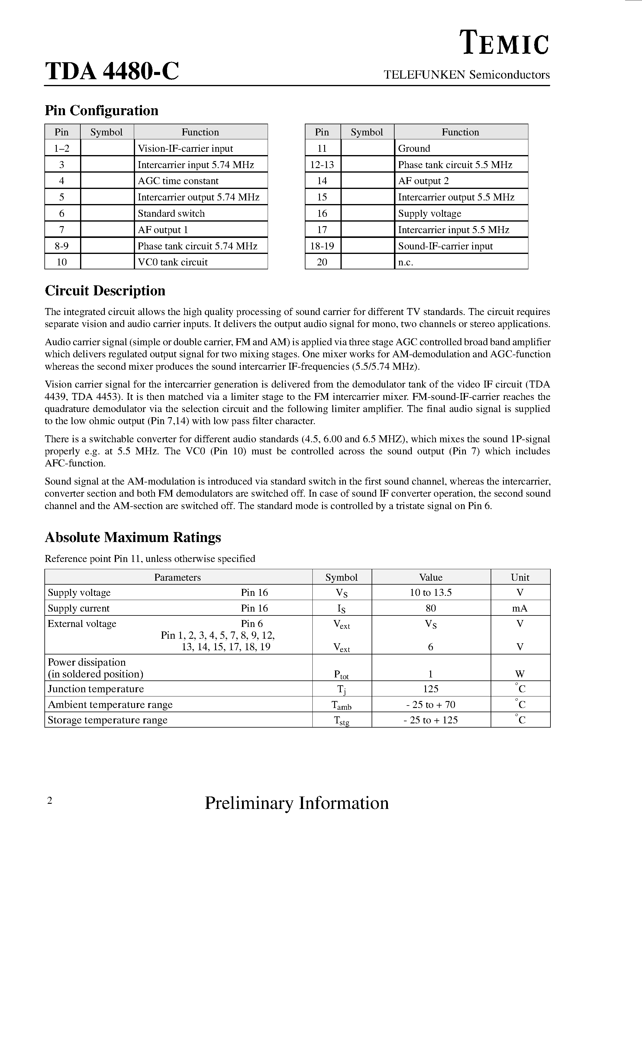Datasheet TDA4480C - Multi standard quasi parallel-sound processor for TV-sets page 2
