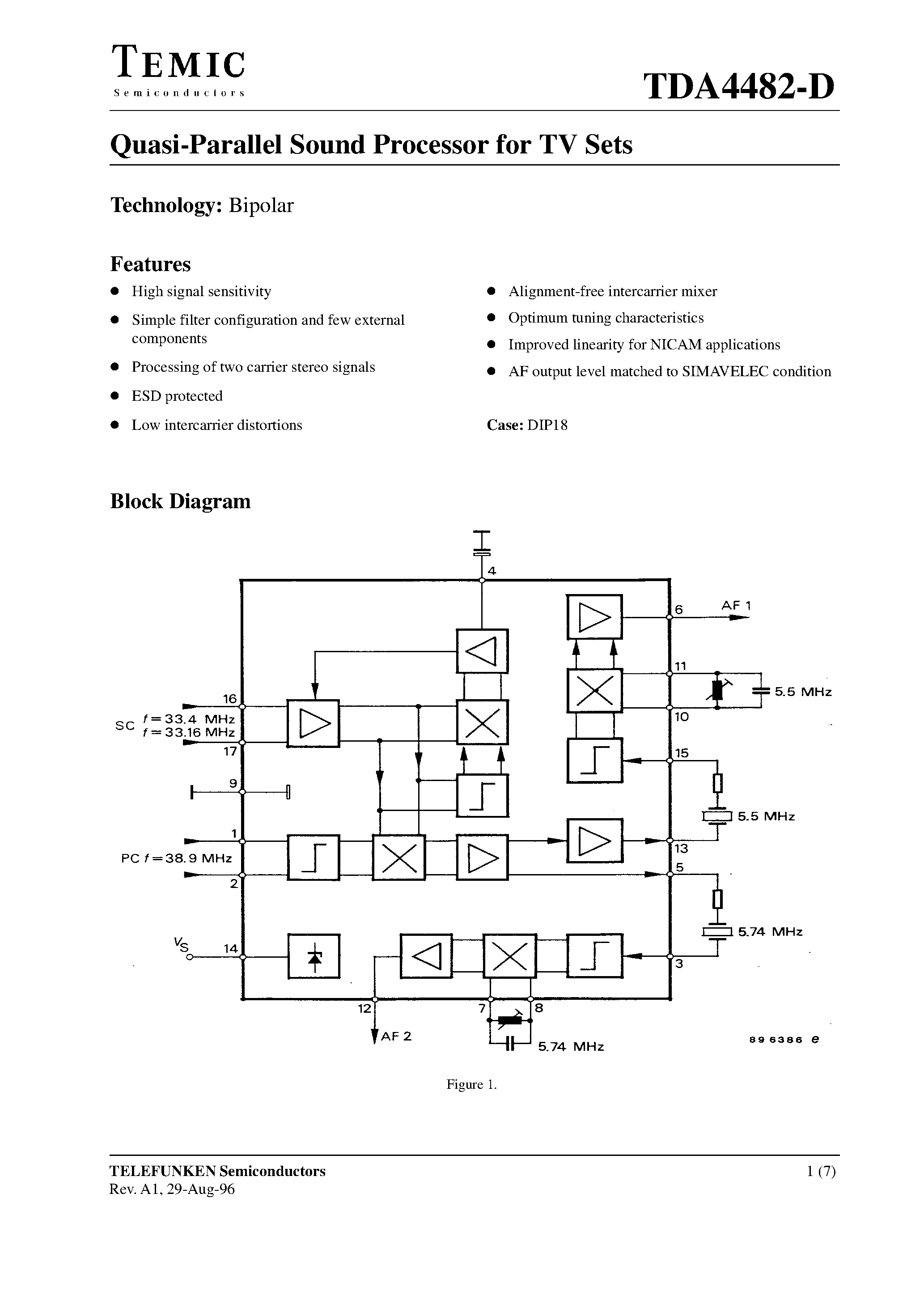 Даташит на микросхему TDA4482-D страница 1 Даташит TDA4482-D - Quasi-Parallel Sound Processor for TV Sets страница 1