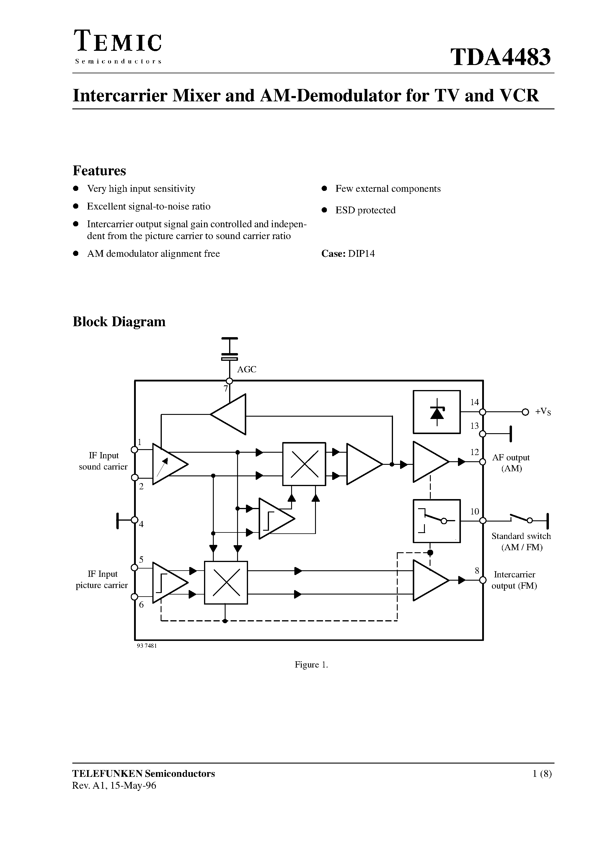Datasheet TDA4483 page 1 Datasheet TDA4483 - Intercarrier Mixer and AM-Demodulator for TV and VCR page 1
