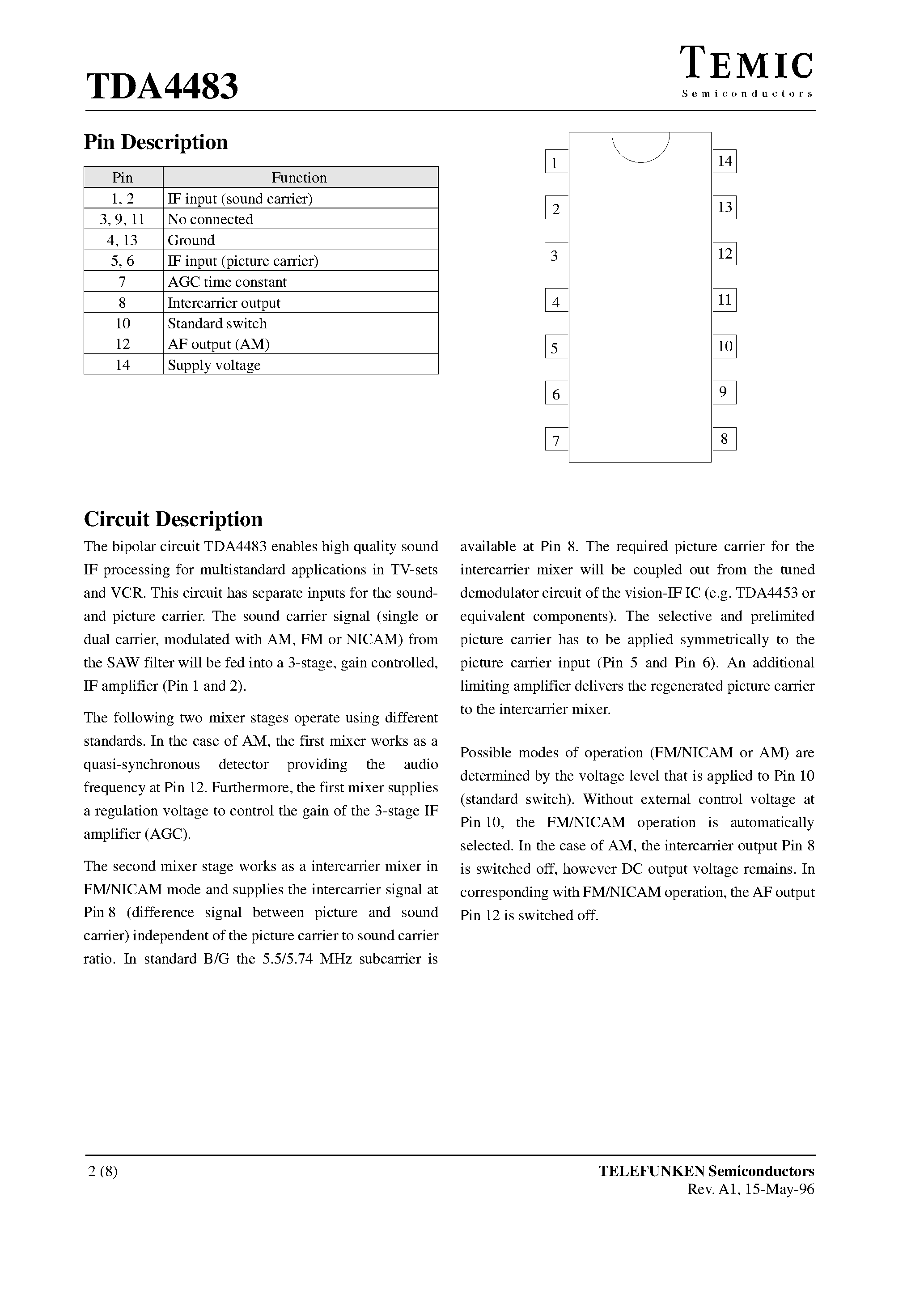 Datasheet TDA4483 page 2 Datasheet TDA4483 - Intercarrier Mixer and AM-Demodulator for TV and VCR page 2