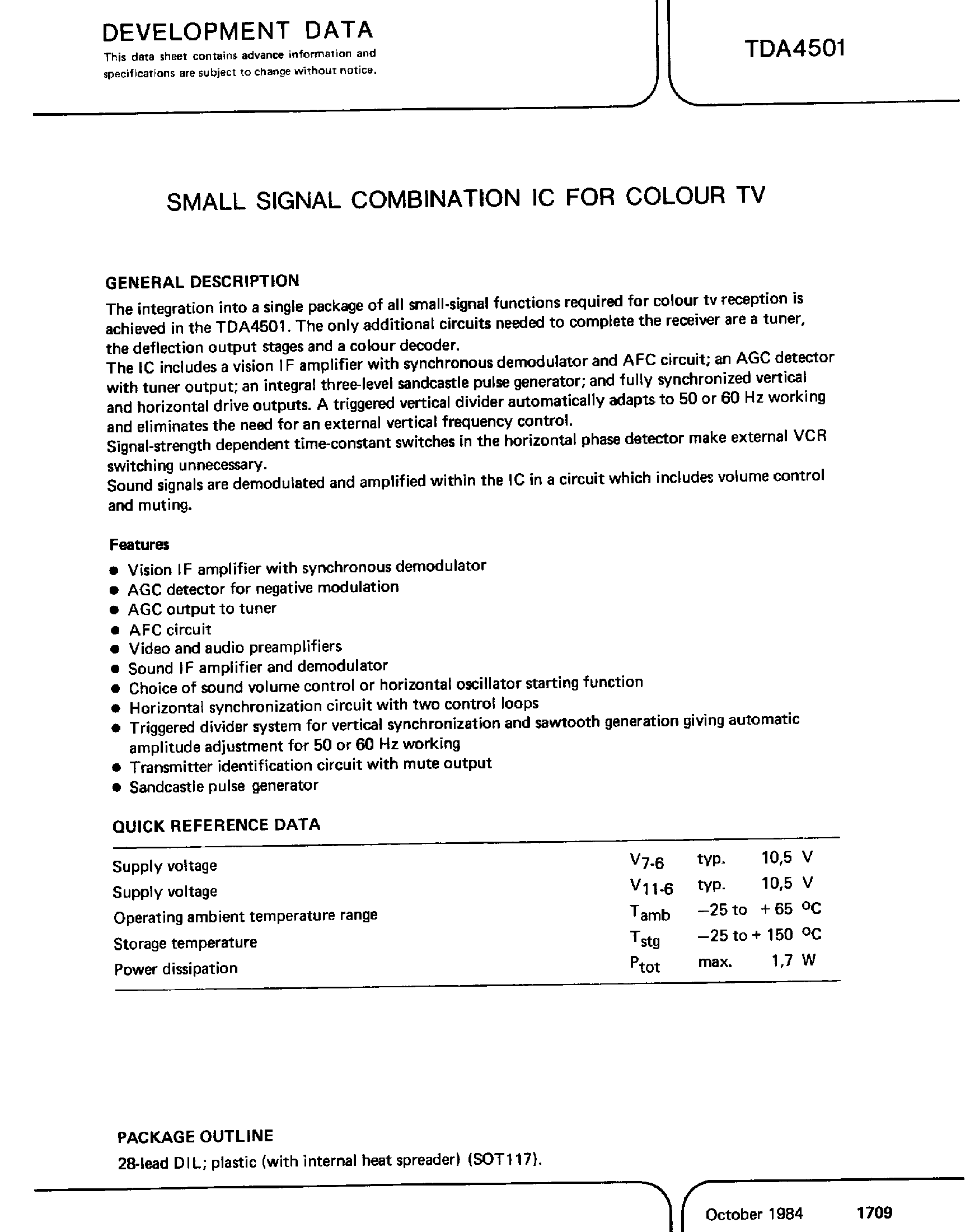 Datasheet TDA4501 page 1 Datasheet TDA4501 - SMALL SIGNAL COMBINATION IC FOR COLOUR TV page 1