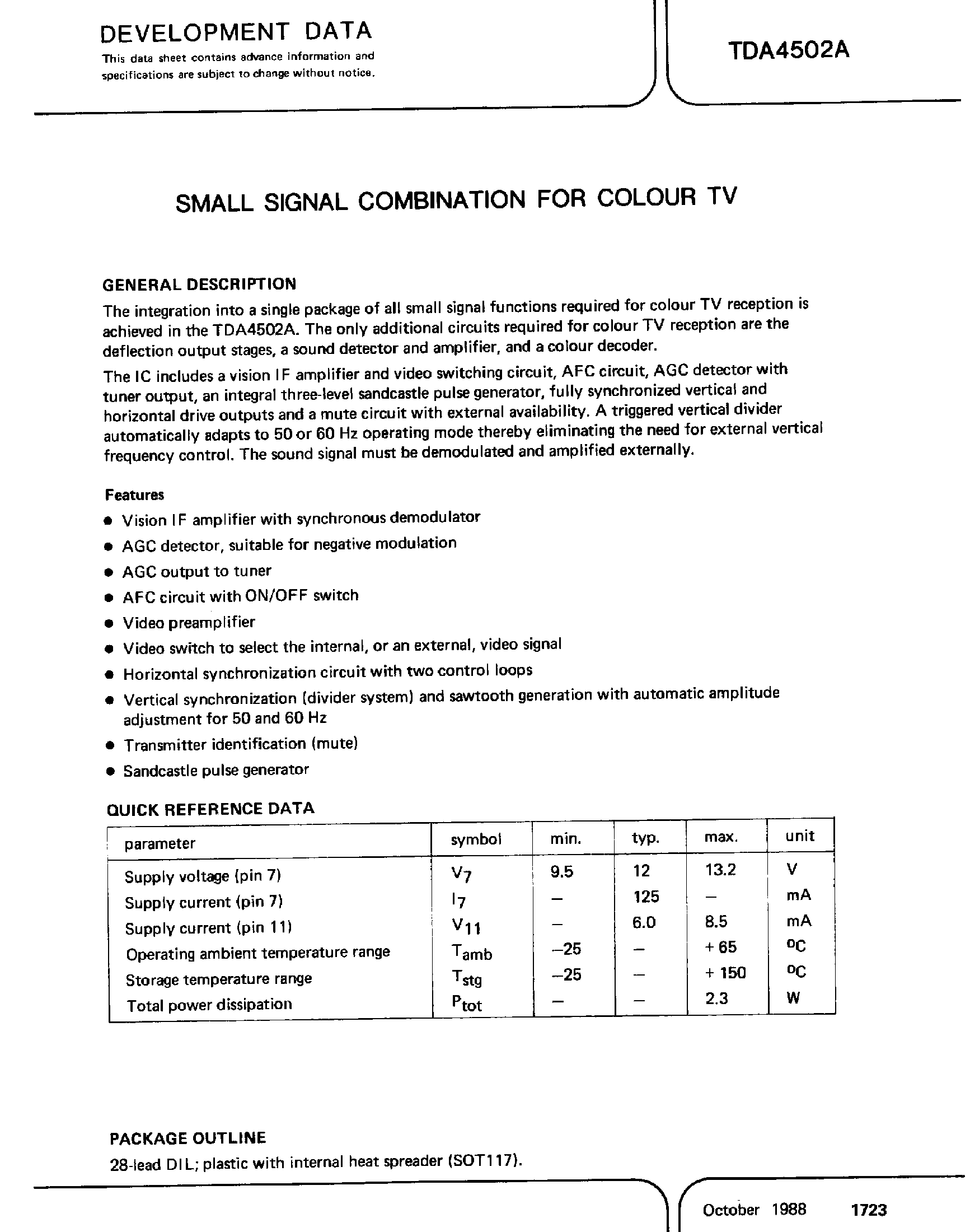 Datasheet TDA4502A - SMALL SIGNAL COMBINATION IC FOR COLOUR TV page 1